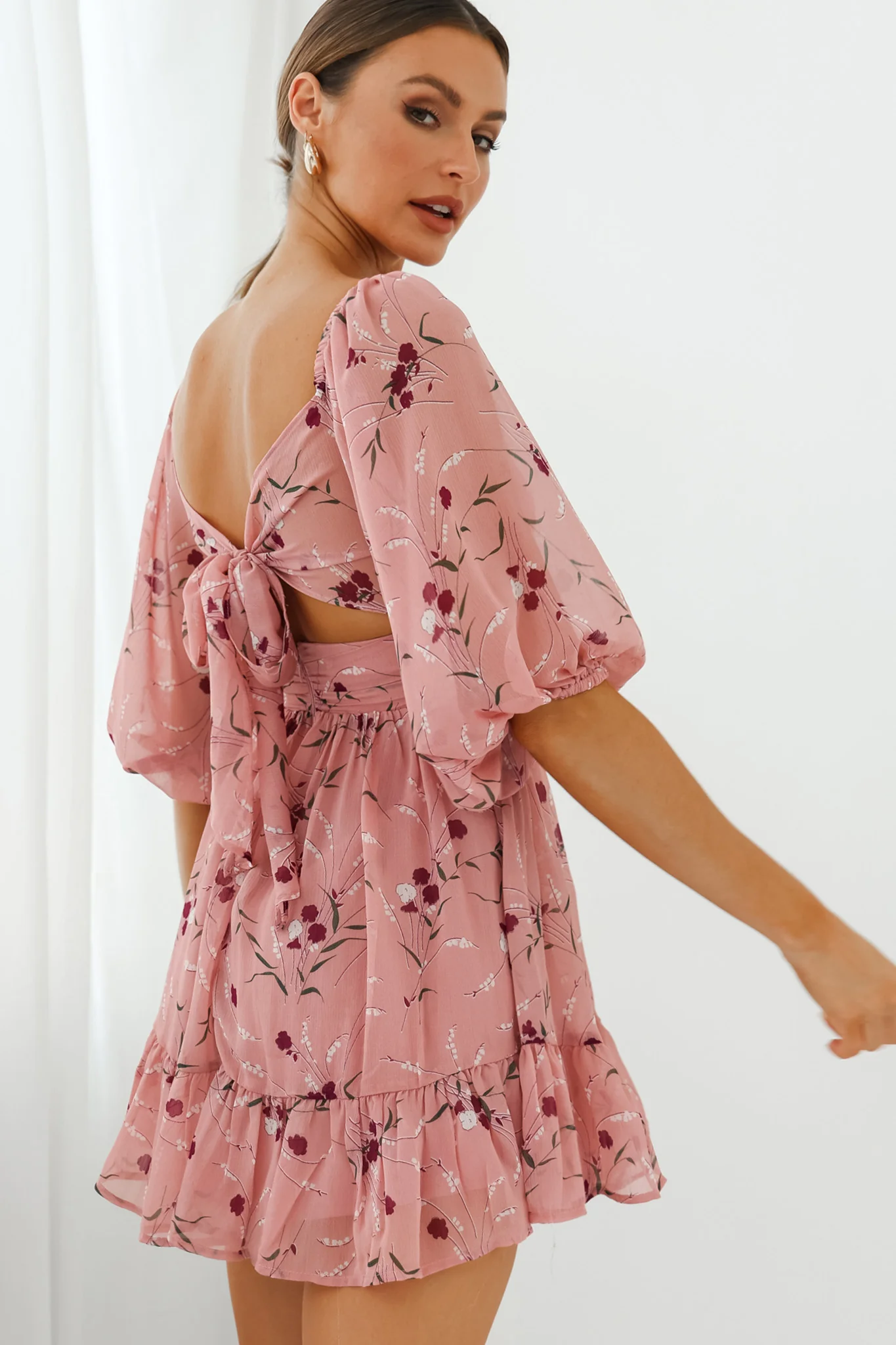 Abby Off-Shoulder Tie-Up Back Dress Floral Print Rose - Sonourner