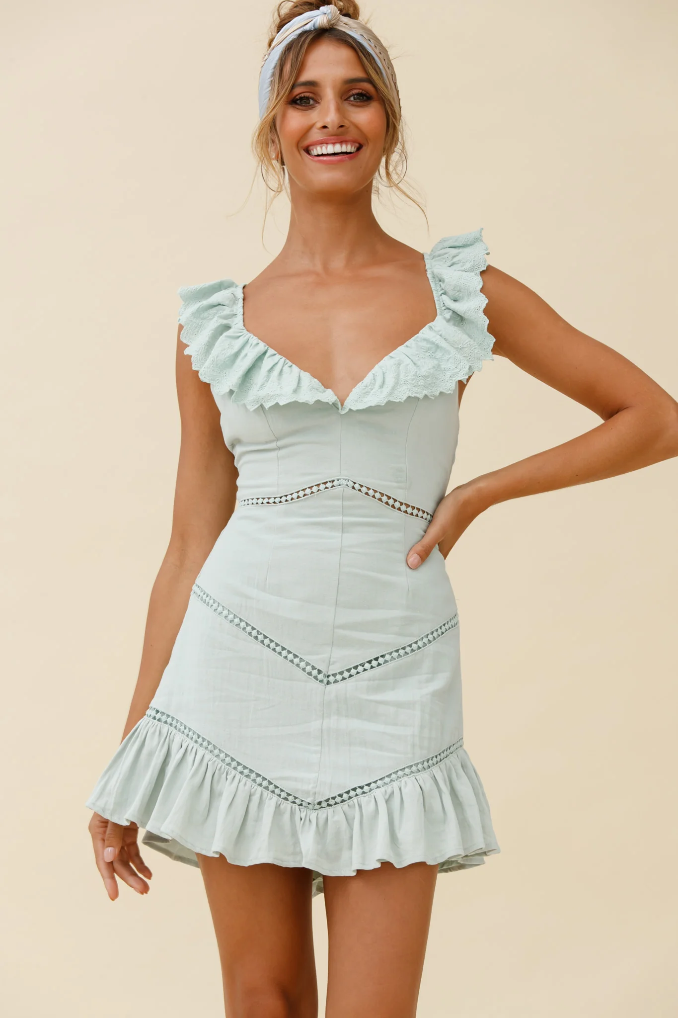 Katerina Frill Trim Tied Back Dress Pistachio - Sonourner