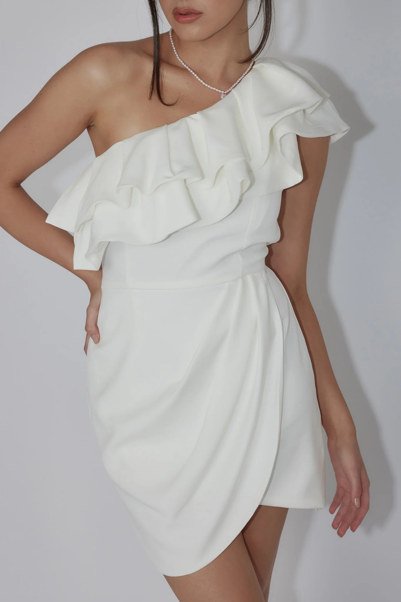 Midnight Star One-Shoulder Ruffle Mini Dress Off White - Sonourner