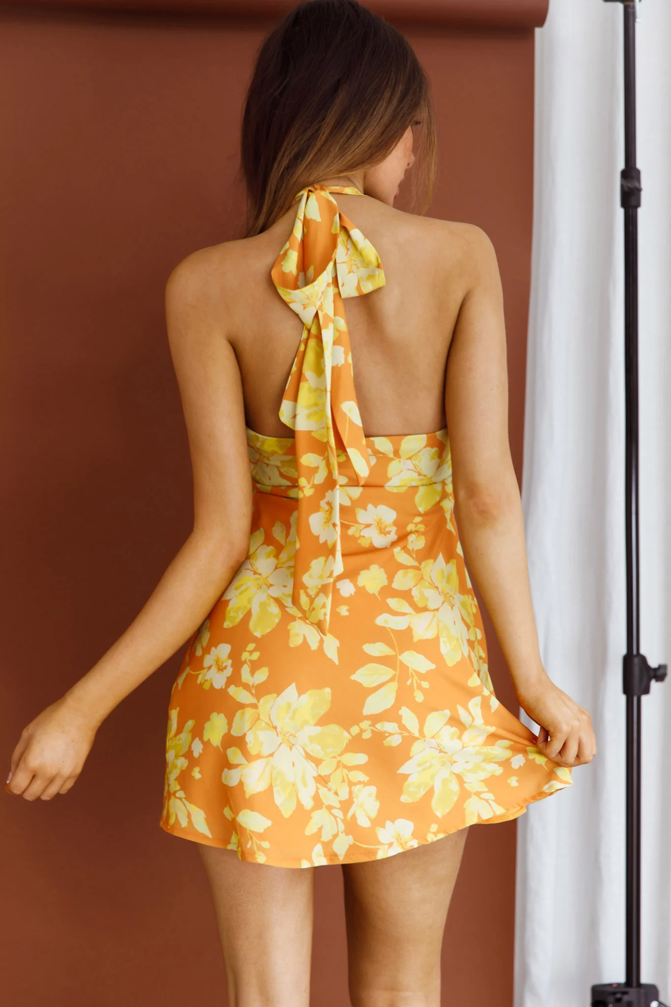 Champagne Showers Halterneck Slip Mini Dress Watercolor Floral Print Yellow - Sonourner