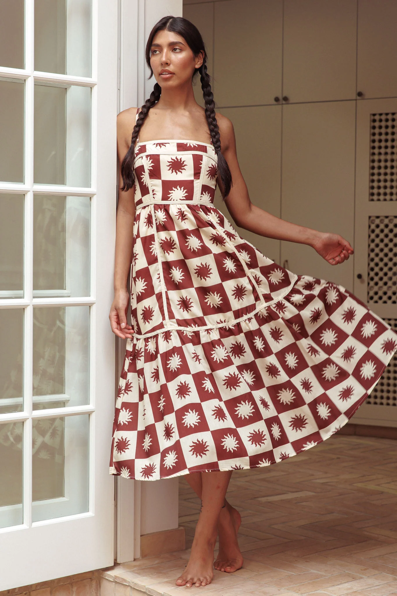 Confidante Piping Trim Midi Dress Brown - Sonourner