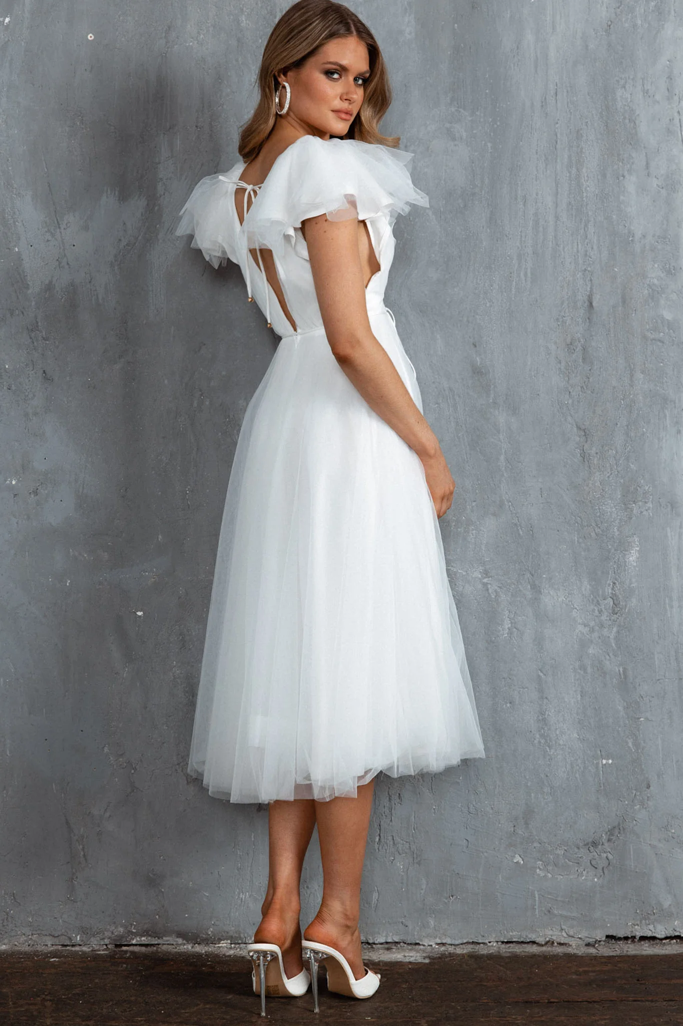Leap Of Faith Frill Shoulder Tulle Midi Dress White - Sonourner