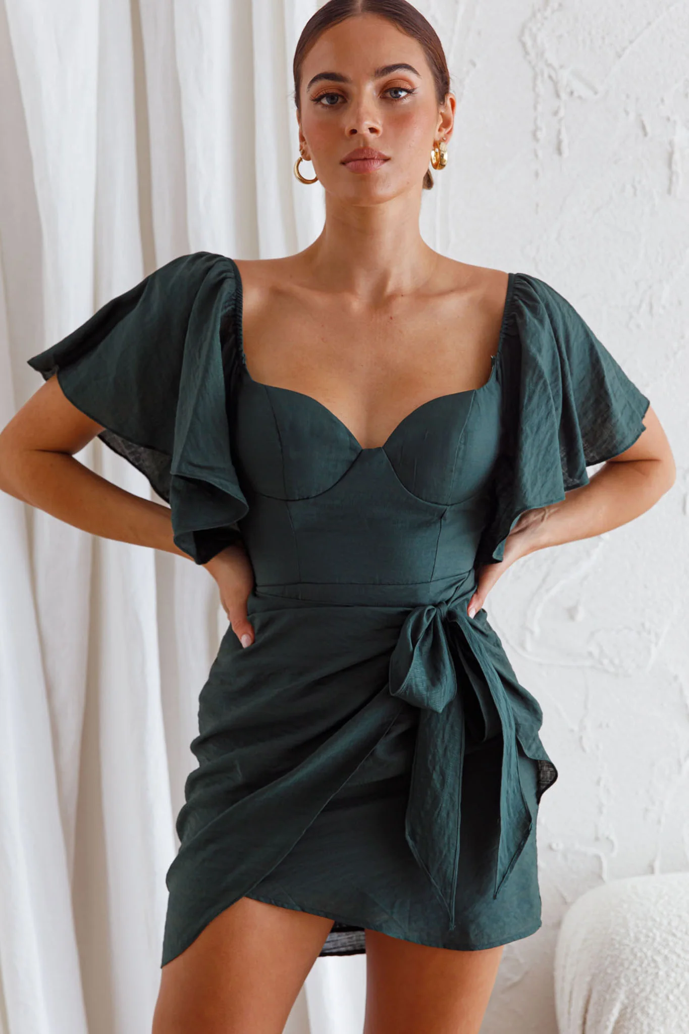 Aphrodite Molded Bust Angel Sleeve Wrap Dress Forest Green - Sonourner