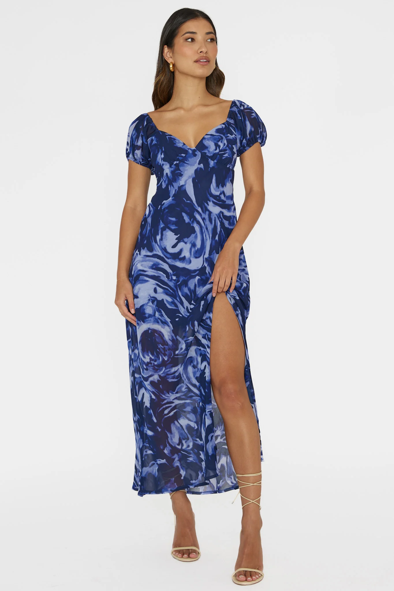 Park Avenue Puff Sleeve Midi Dress Print Blue - Sonourner
