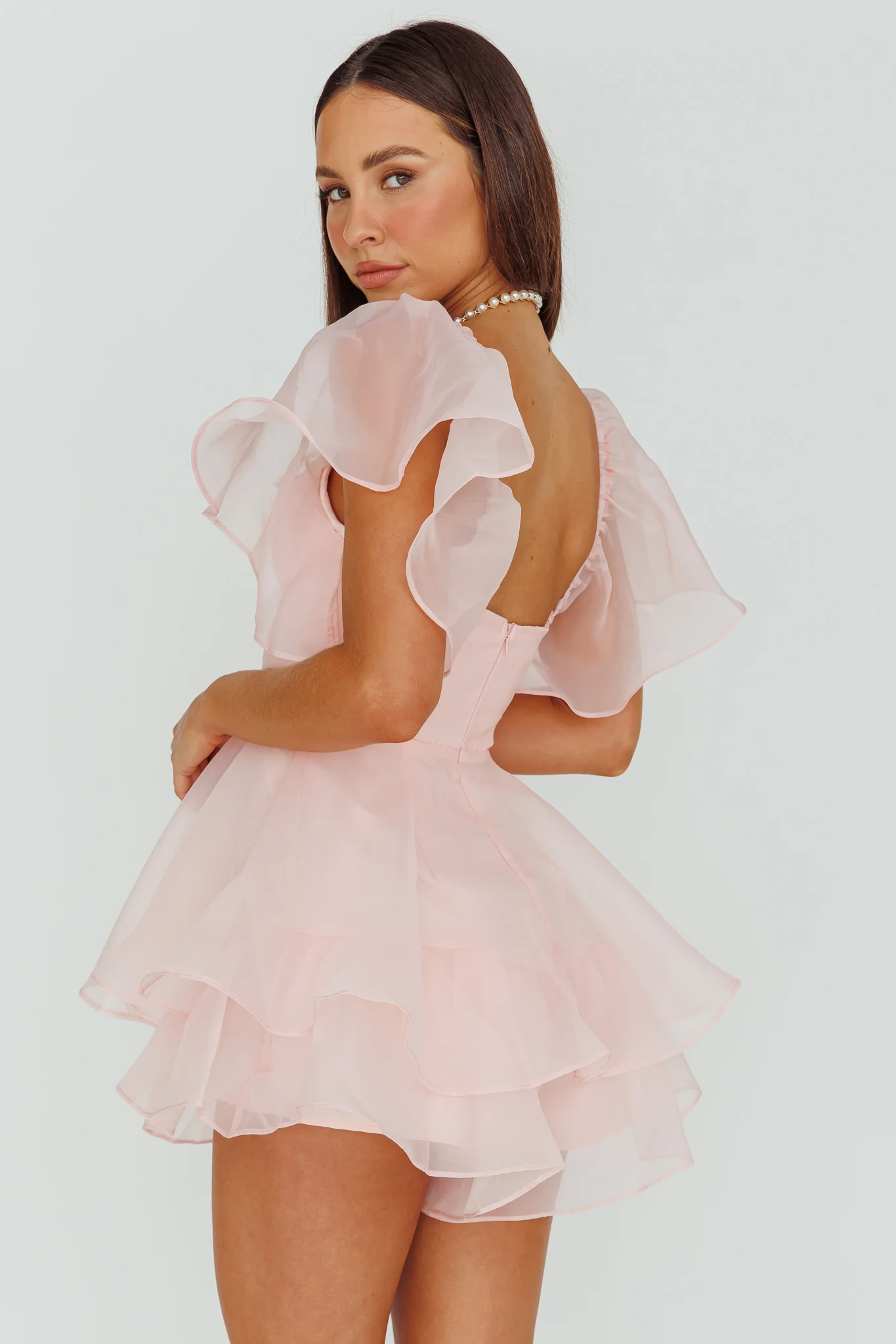 Aphrodite Angel Sleeve Layered Romper Pink - Sonourner