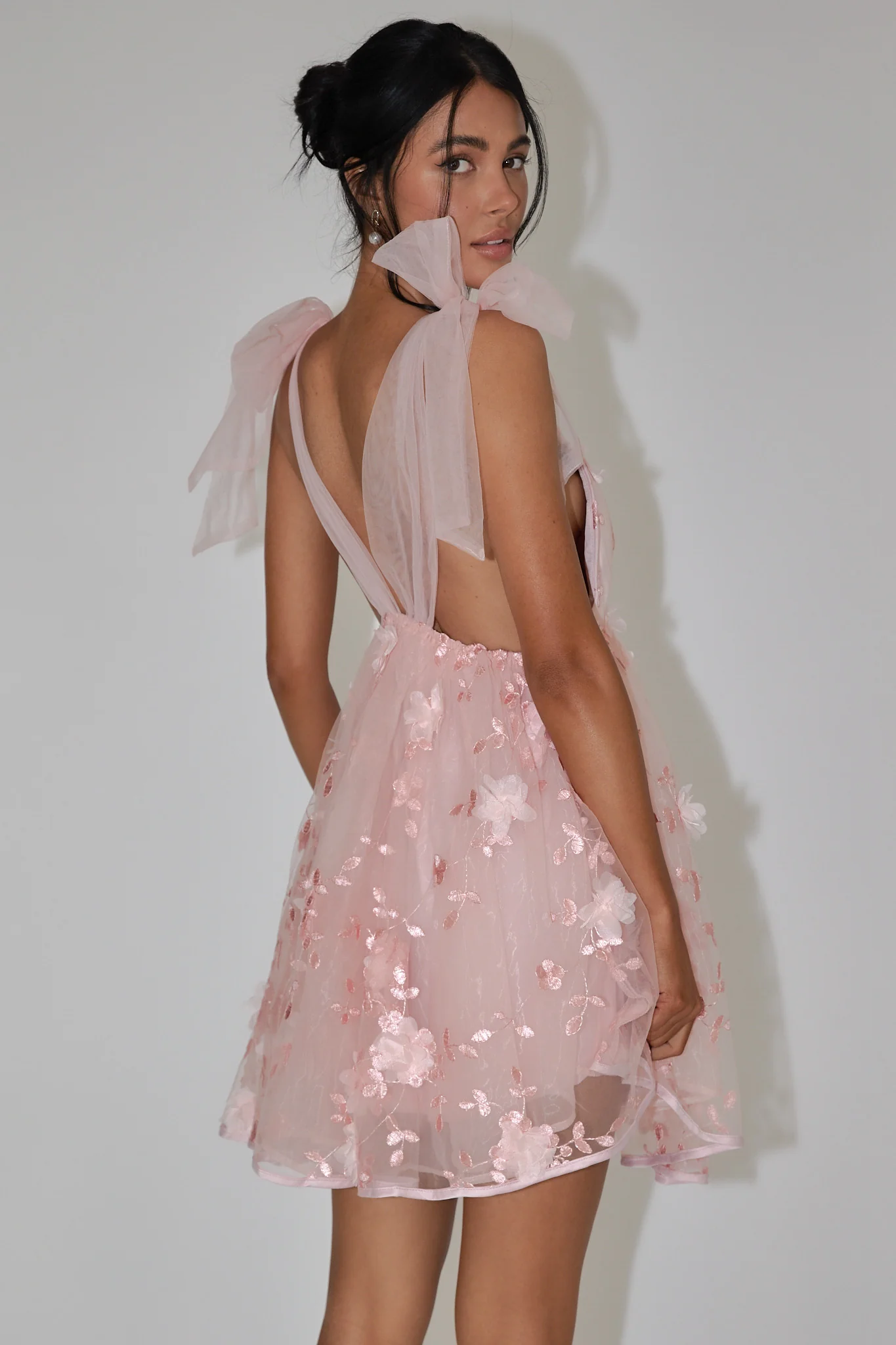 Spring Bloom Tied Shoulder Embellished Mini Dress Pink - Sonourner