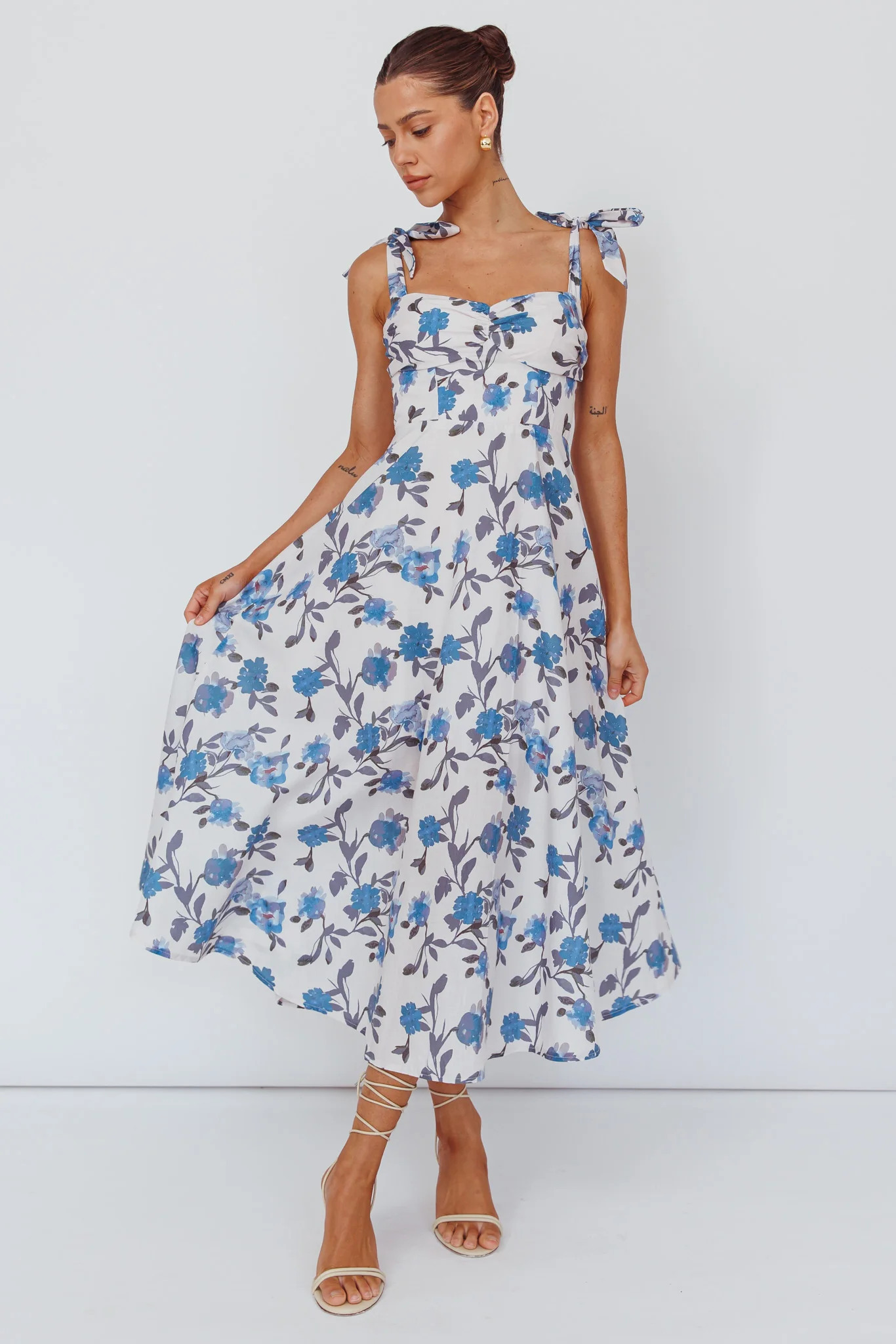 Sweet Pea Tied Bust Midi Dress Flower Blue - Sonourner