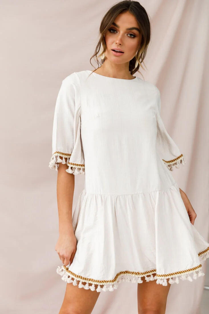 Donna Dropped Waist Tassel Dress Beige - Sonourner