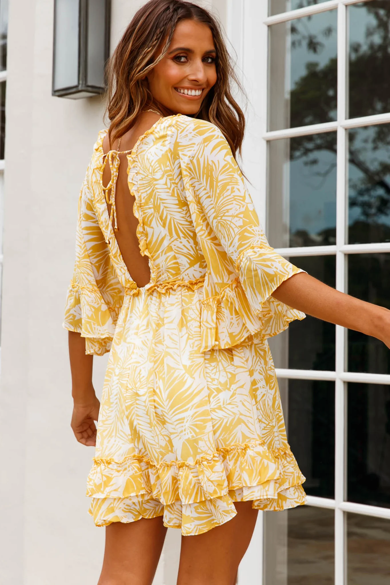 Making Me Blush Bell Sleeve Frill Trim Dress Tropical Print Yellow - Sonourner