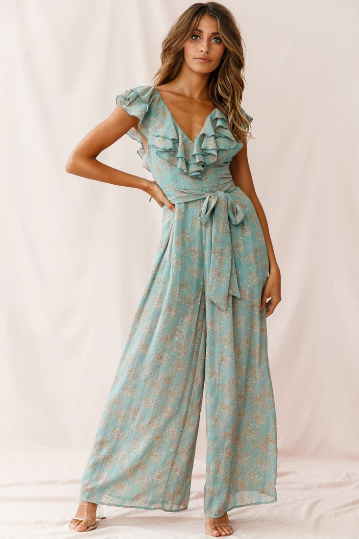 Marcia Ruffle Strap Wide Leg Jumpsuit Floral Print Sage - Sonourner