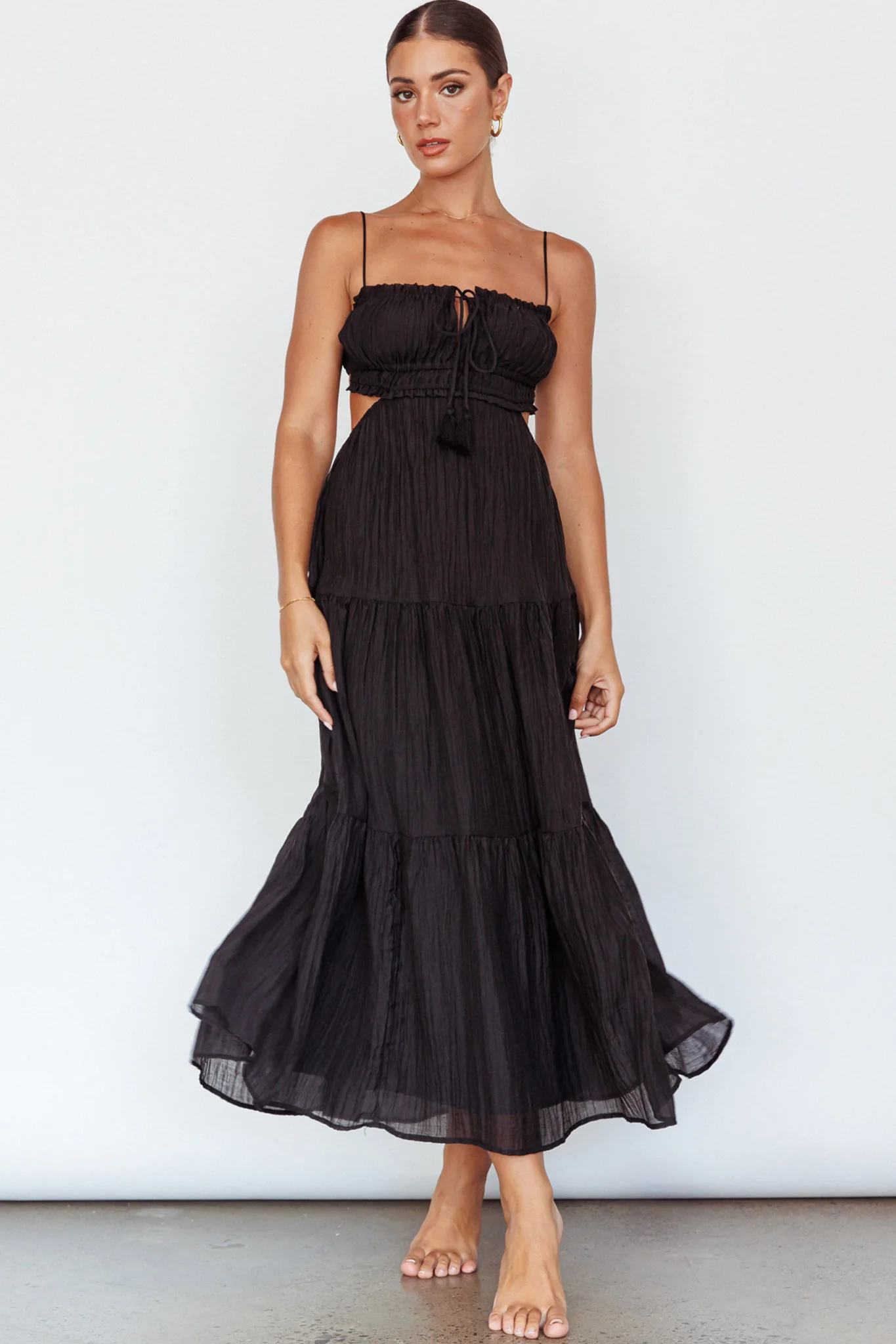 Eyona Cut-Out Waist Tie Maxi Dress Black - Sonourner