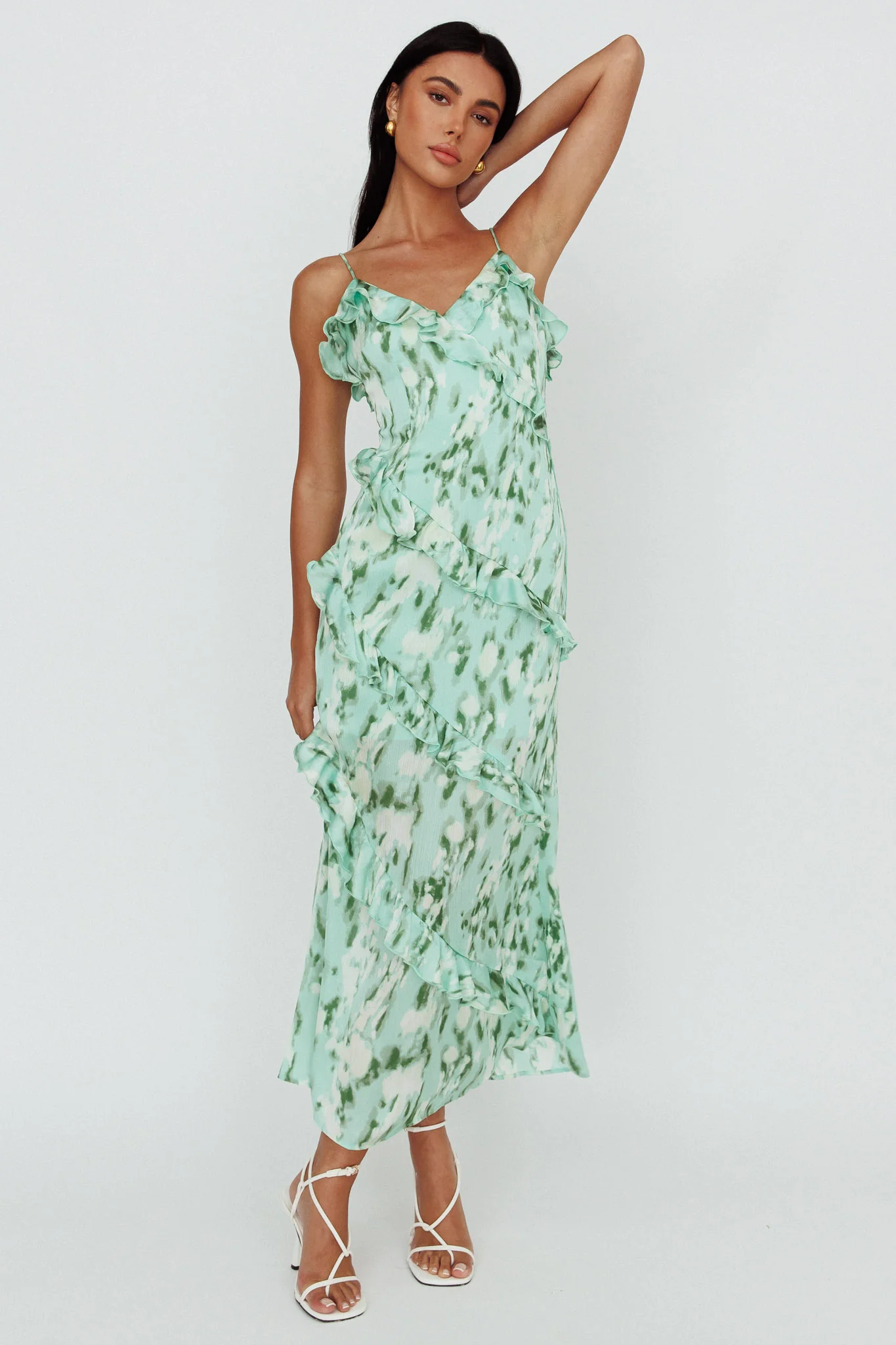 Silvana Frill Trim Midi Dress Print Green - Sonourner