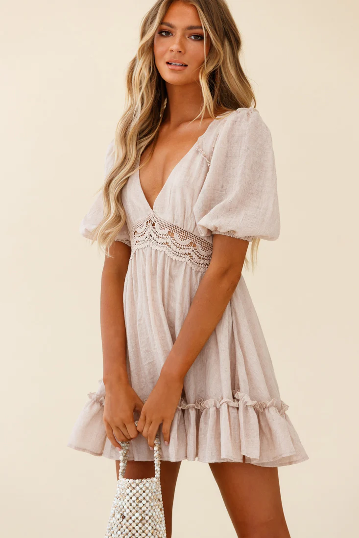 Everleigh Milkmaid Sleeve Exposed Back Dress Beige - Sonourner