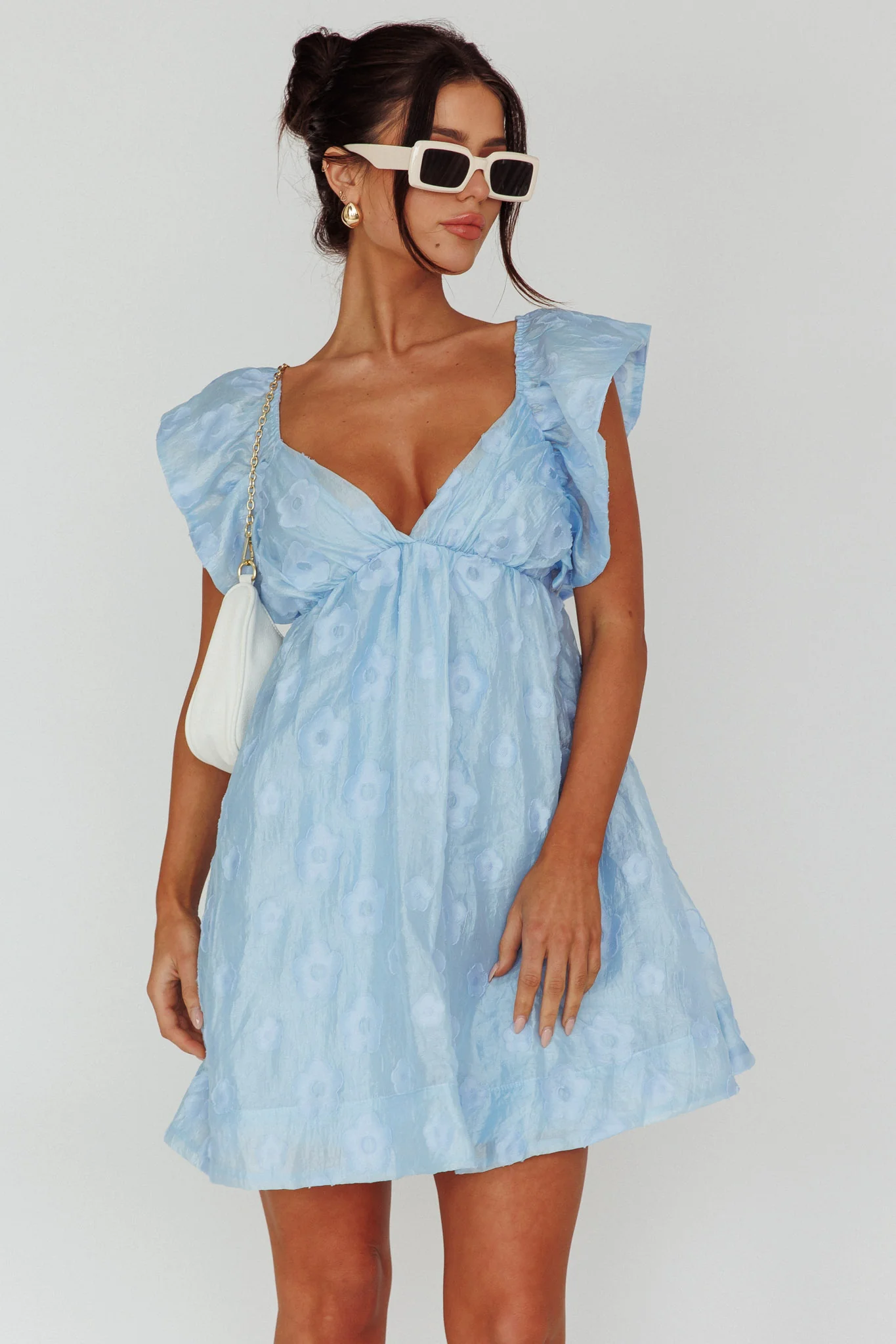 Melrose Place Floral Textured Frill Dress Powder Blue - Sonourner
