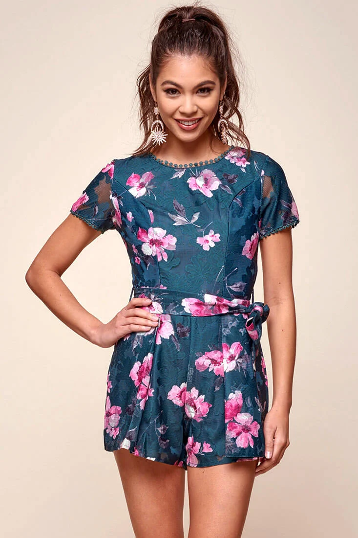 Dawson Floral Lace Back Romper Forest Green - Sonourner