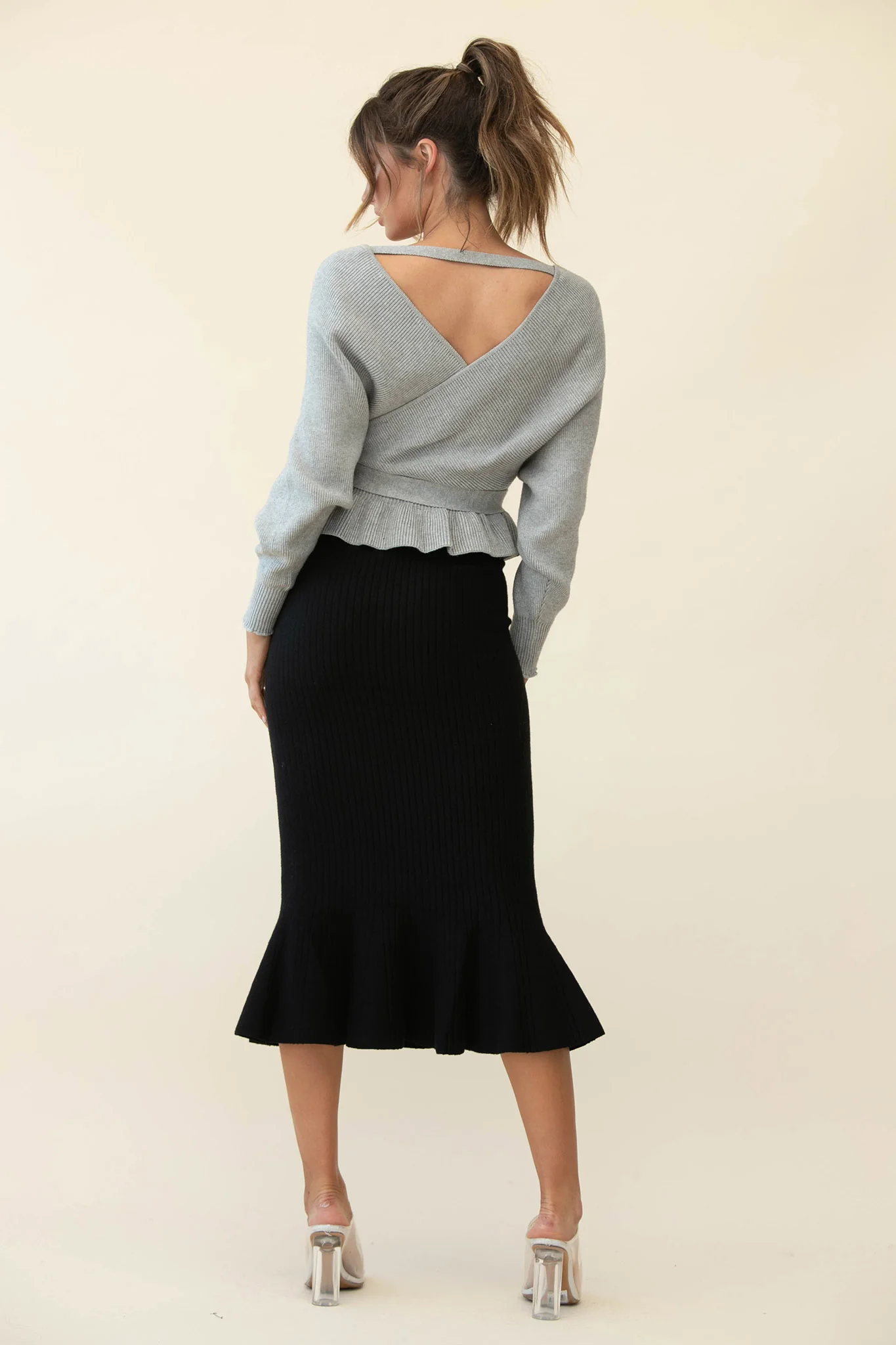 Shalon Ribbed Knit Fluted Hem Midi Skirt Antique Black - Sonourner
