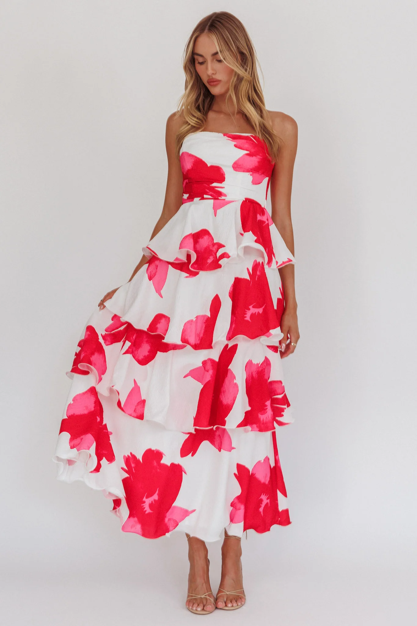 Giavana Strapless Layered Midi Dress Floral Red - Sonourner
