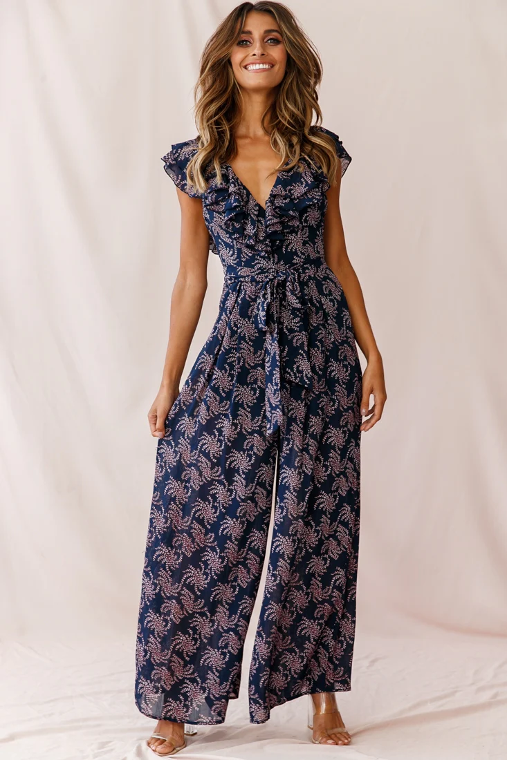 Marcia Ruffle Strap Wide Leg Jumpsuit Floral Print Navy/Pink - Sonourner