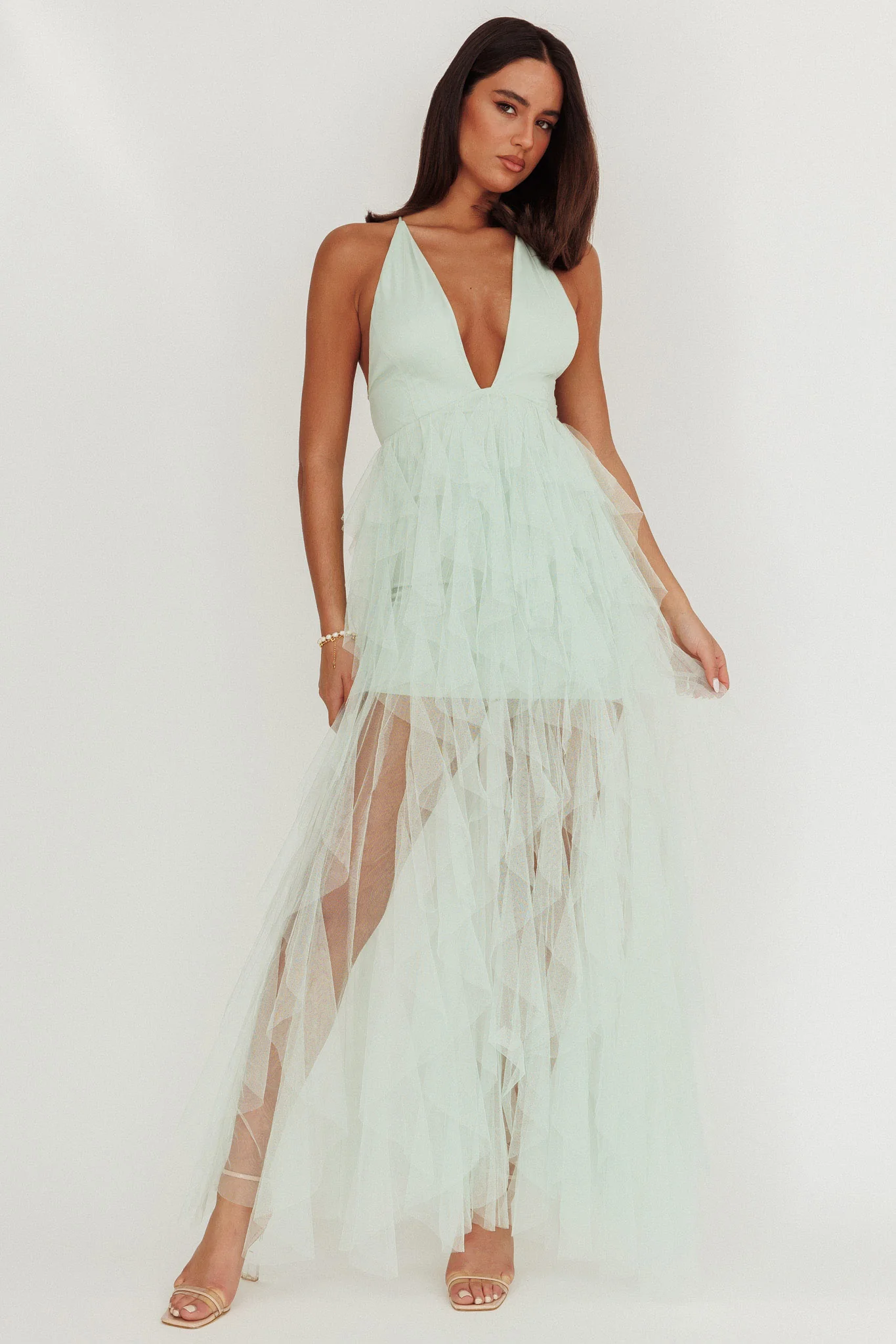 Auguste Cascading Frill Maxi Dress Mint - Sonourner