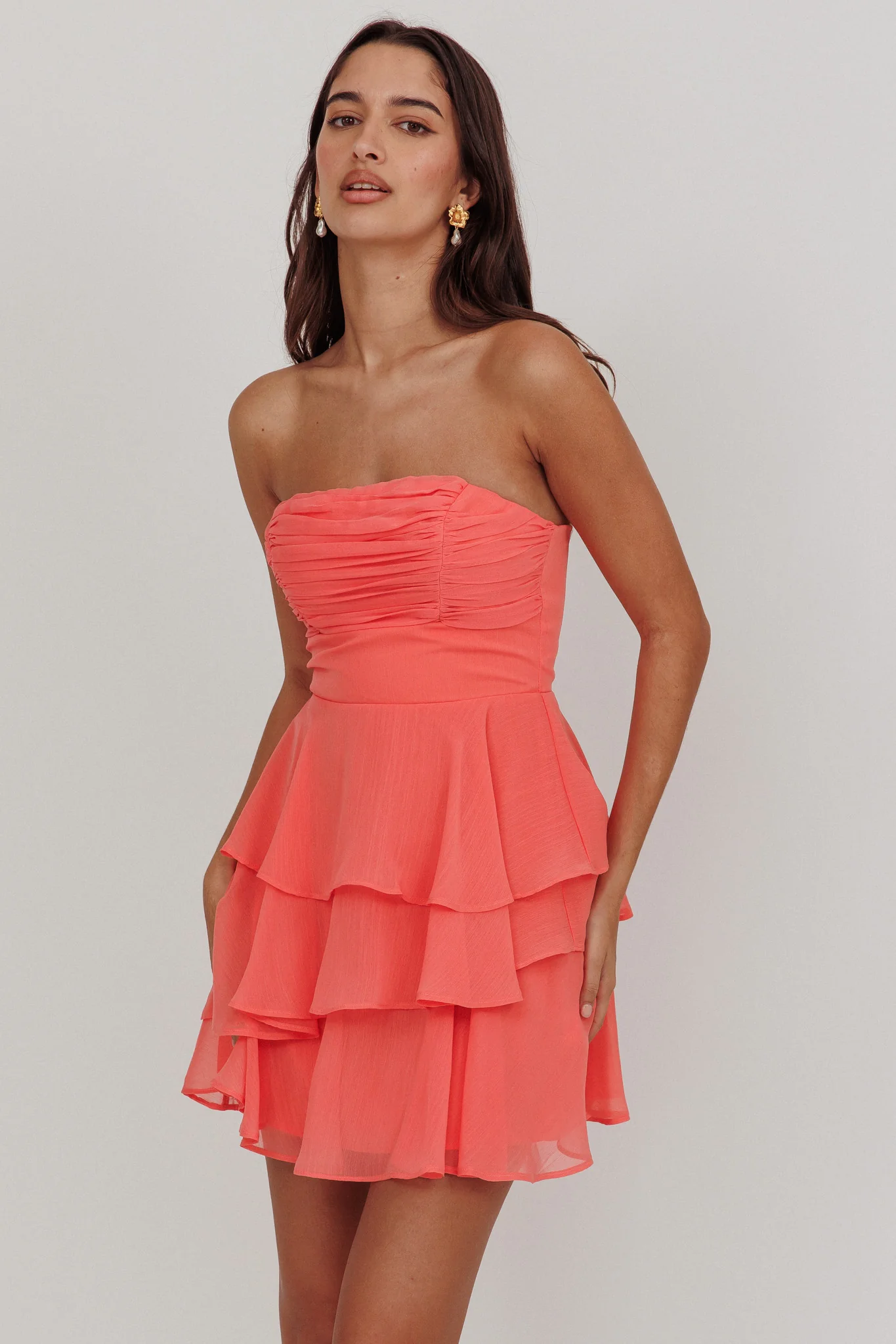 Veda Strapless Ruffle Mini Dress Peach - Sonourner