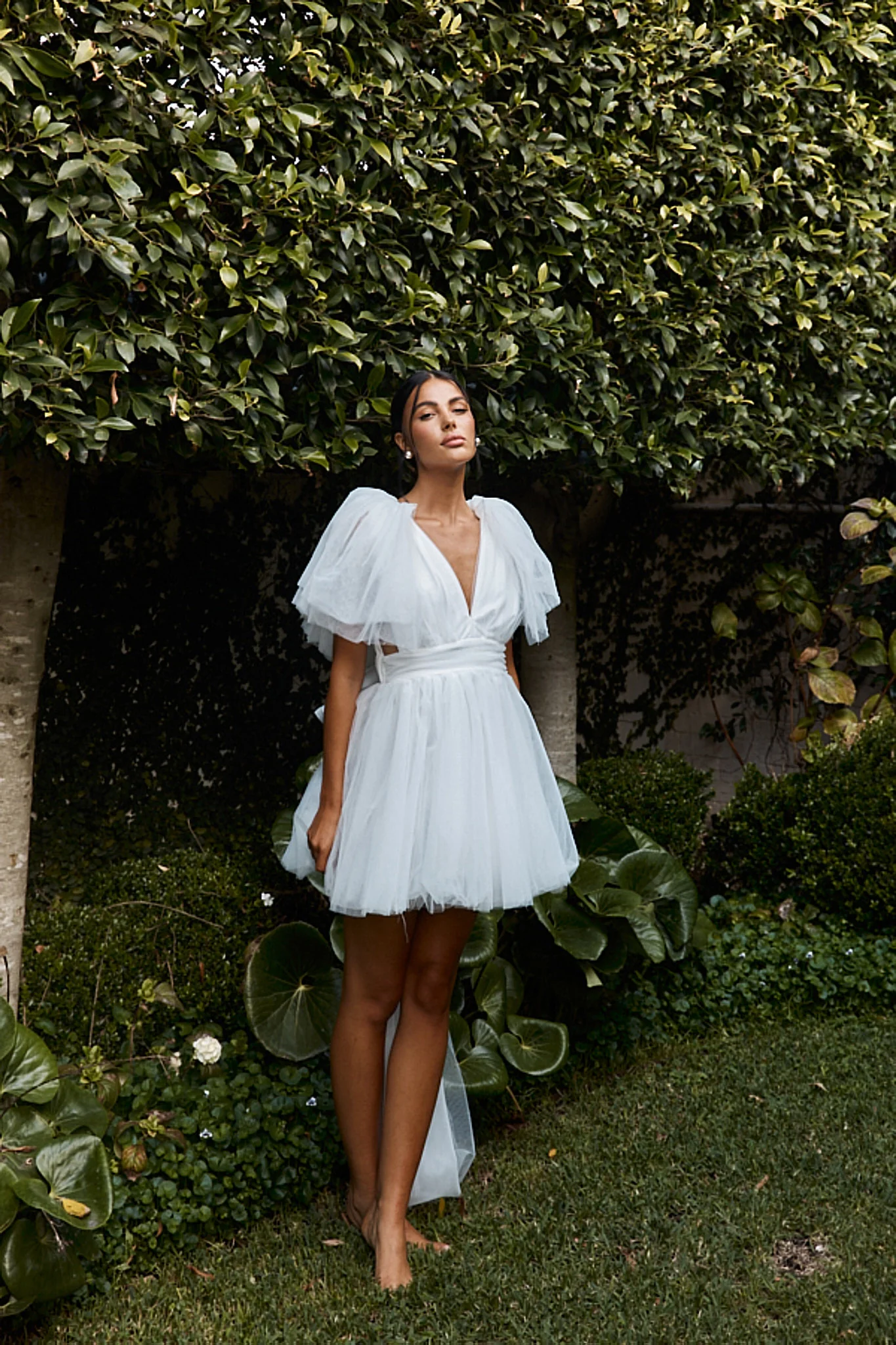 Star Power Tulle Train Mini Dress White - Sonourner