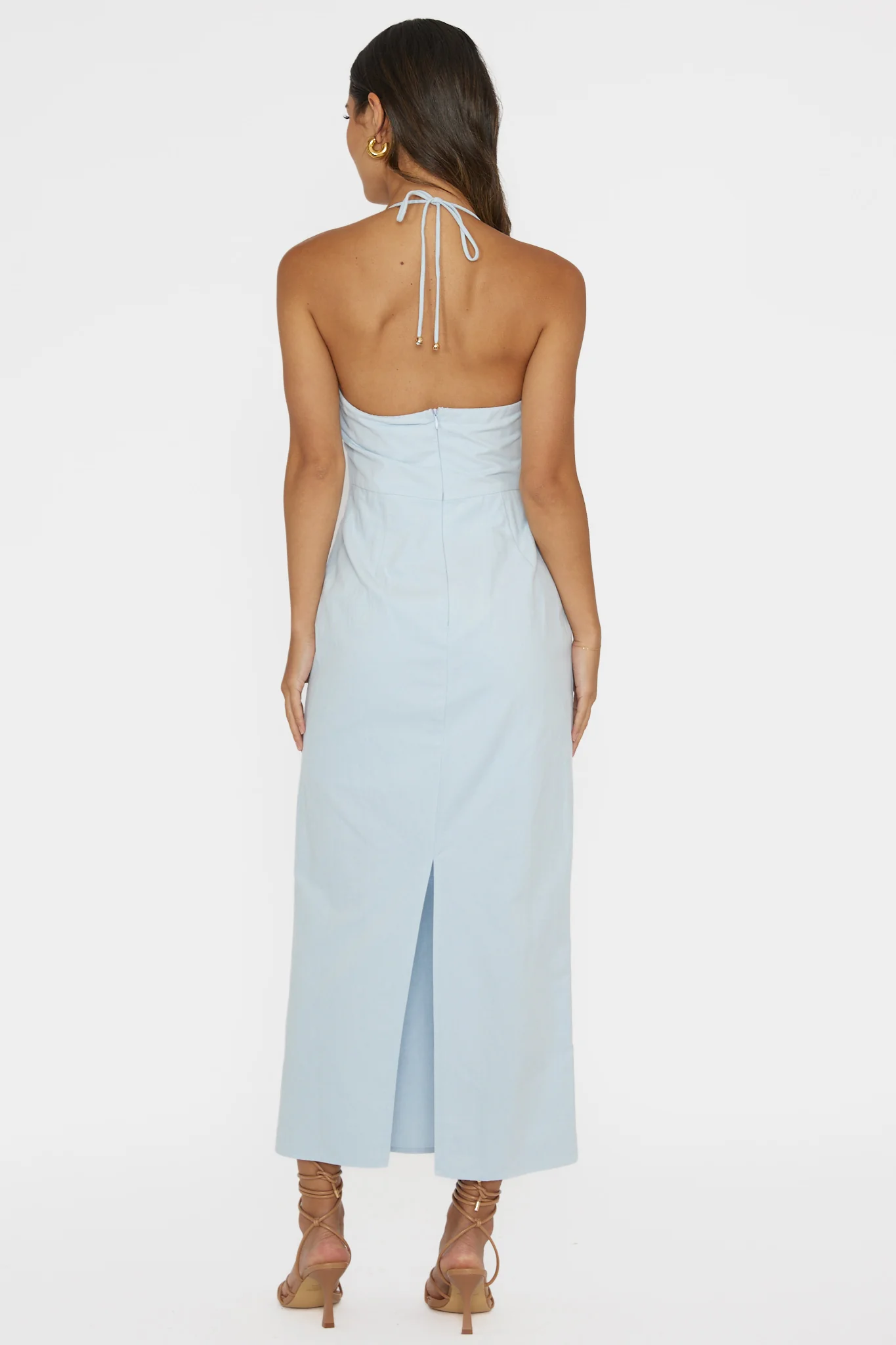 Arielle Gathered Bust Halterneck Midi Dress Pale Blue - Sonourner