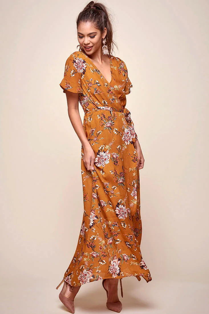 Cheri Floral Wrap Maxi Dress Mustard - Sonourner