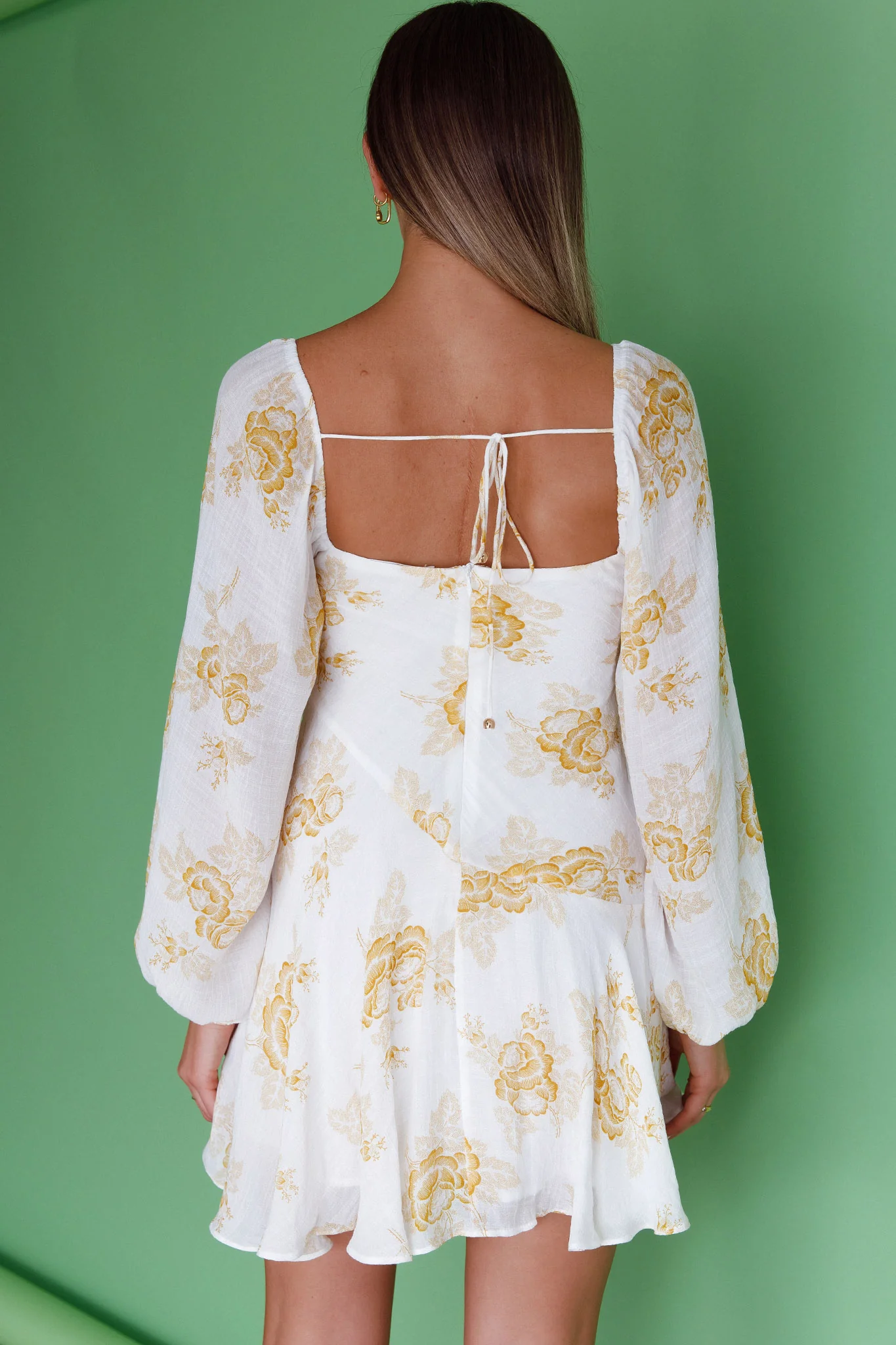 Beaujolais Long Sleeve Cowl Neckline Ruffle Mini Dress Floral Yellow - Sonourner