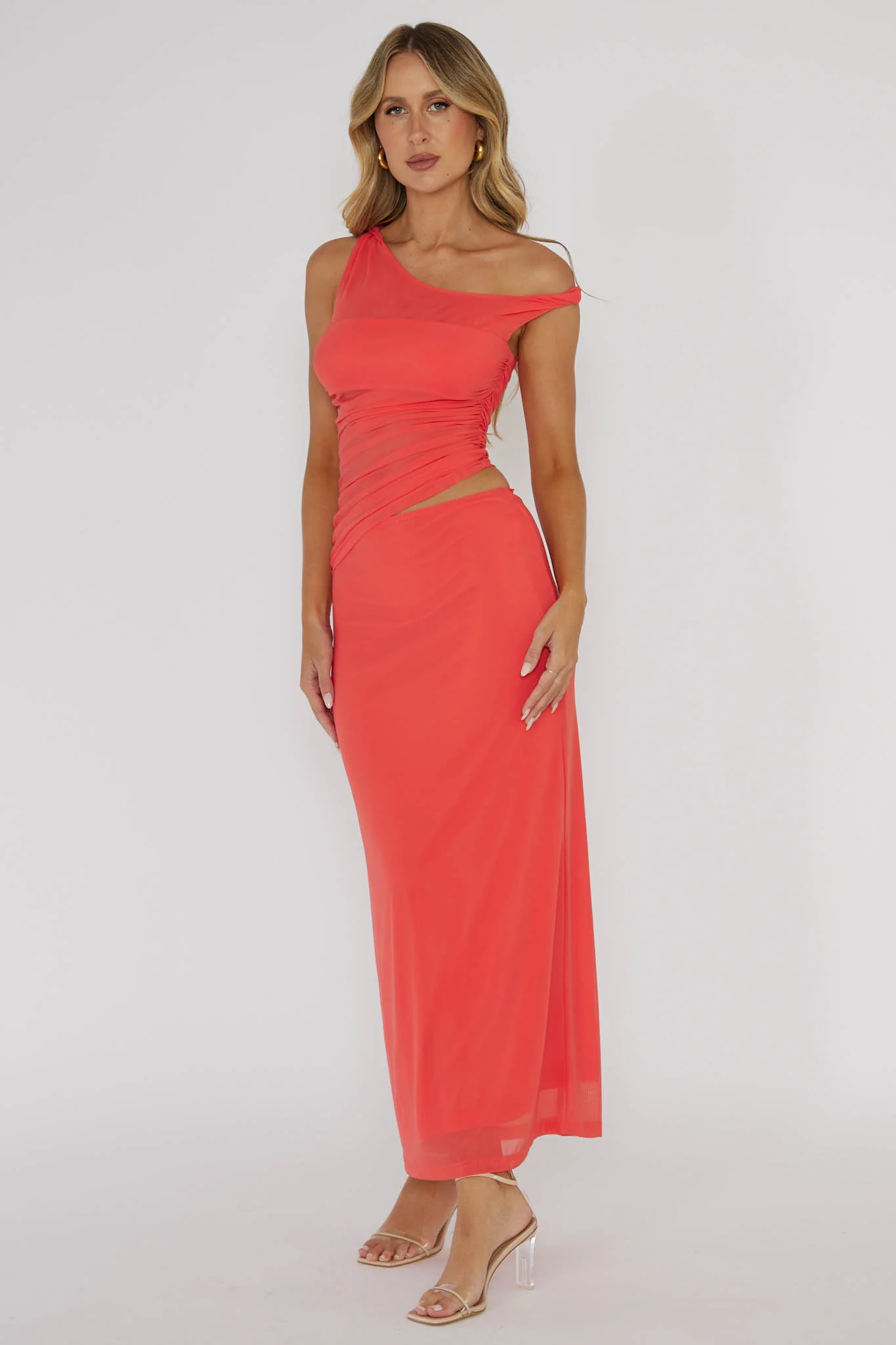 Lorely Ruched Bodice Twist Strap Midi Dress Watermelon - Sonourner