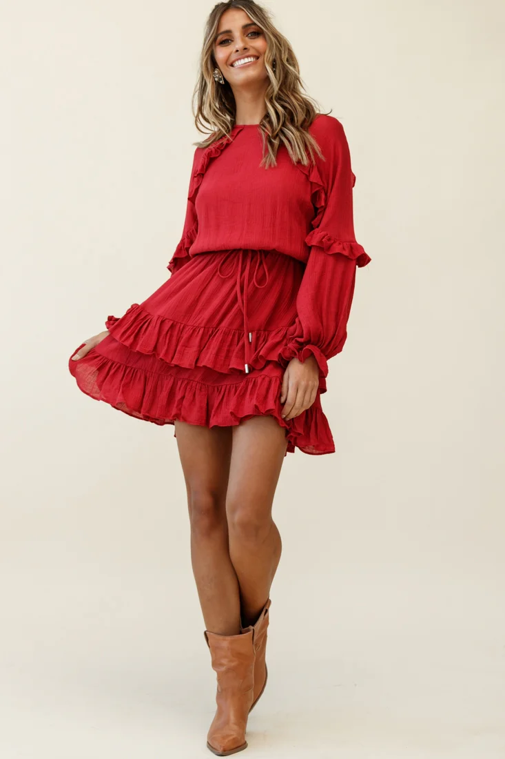 Best Wishes Long Sleeve Frill Detail Dress Wine - Sonourner