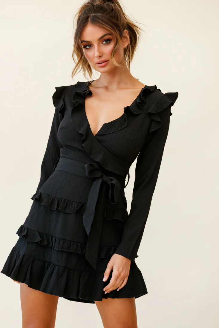 Jemirah Ruffle-Trimmed Long Sleeve Frill Dress Black - Sonourner