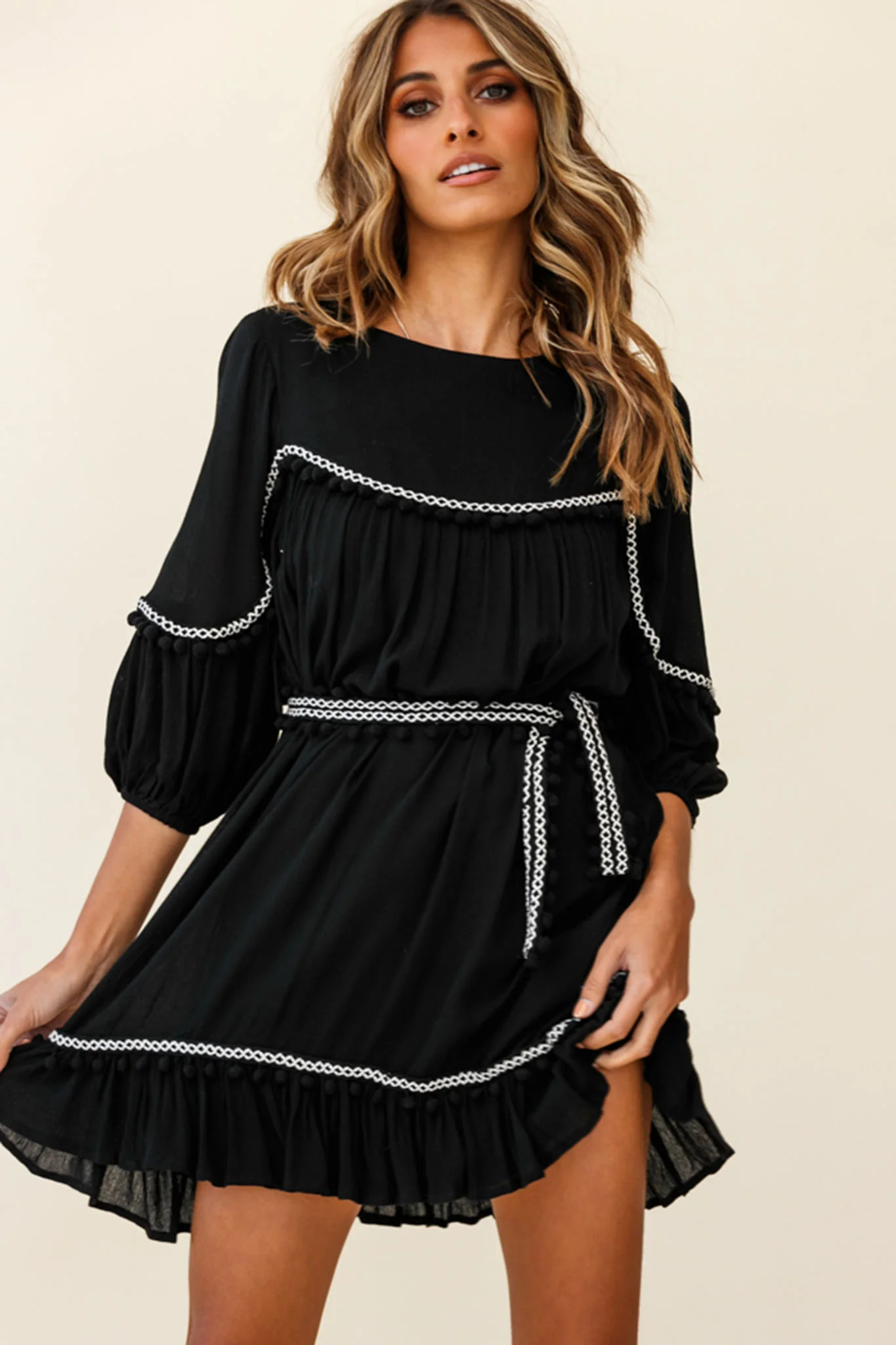 Marionette Three-Quarter Sleeve Pom-Pom Dress Black - Sonourner