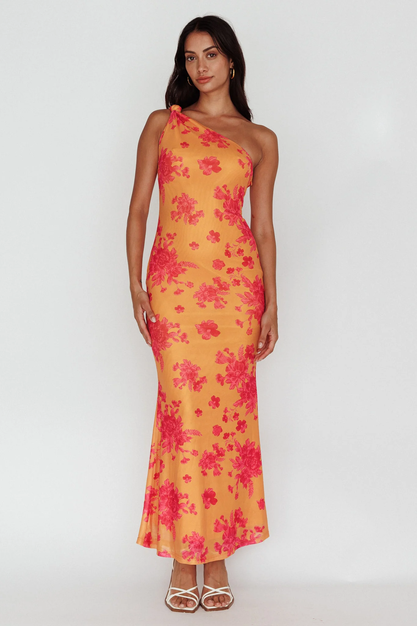 Portland One-Shoulder Jersey Maxi Dress Floral Orange - Sonourner