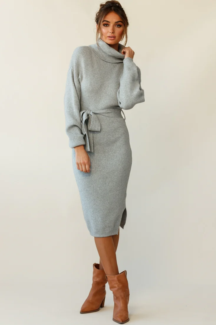 Marco Long Sleeve Turtleneck Knit Midi Dress Grey - Sonourner