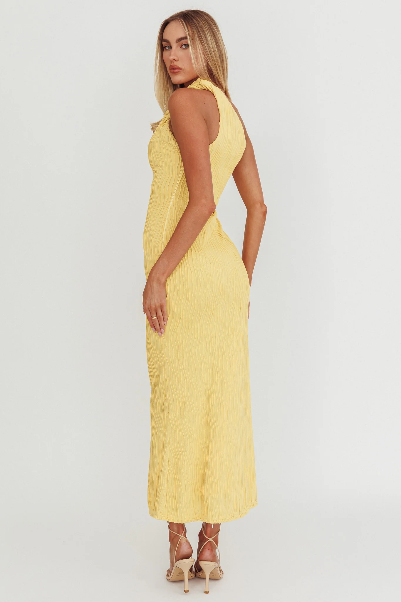 Lingering Love One-Shoulder Twist Midi Dress Lemon - Sonourner