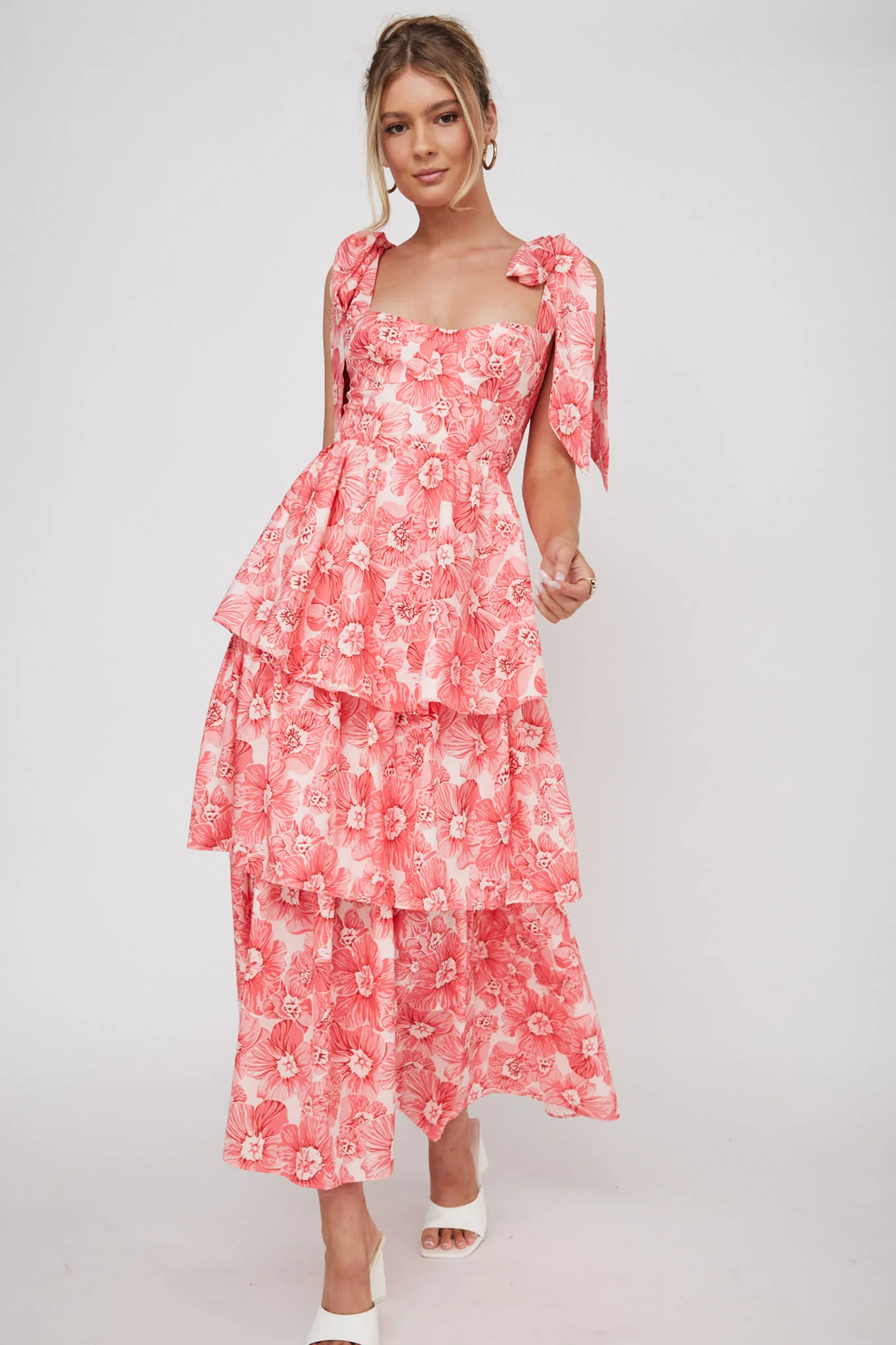 Arlowe Tied Shoulder Tiered Midi Dress Floral Pink - Sonourner