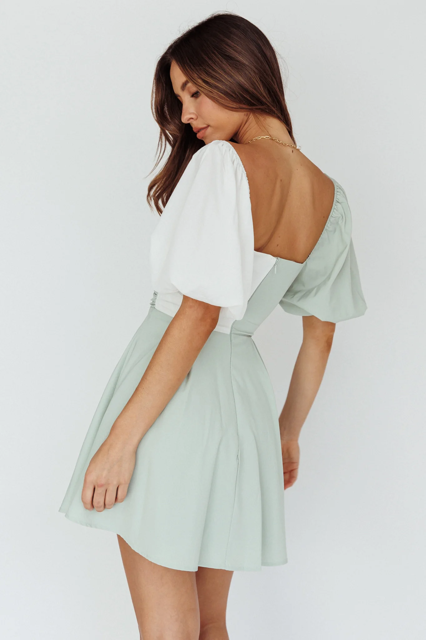 Melie Puff Sleeve Mini Dress Pistachio/White - Sonourner