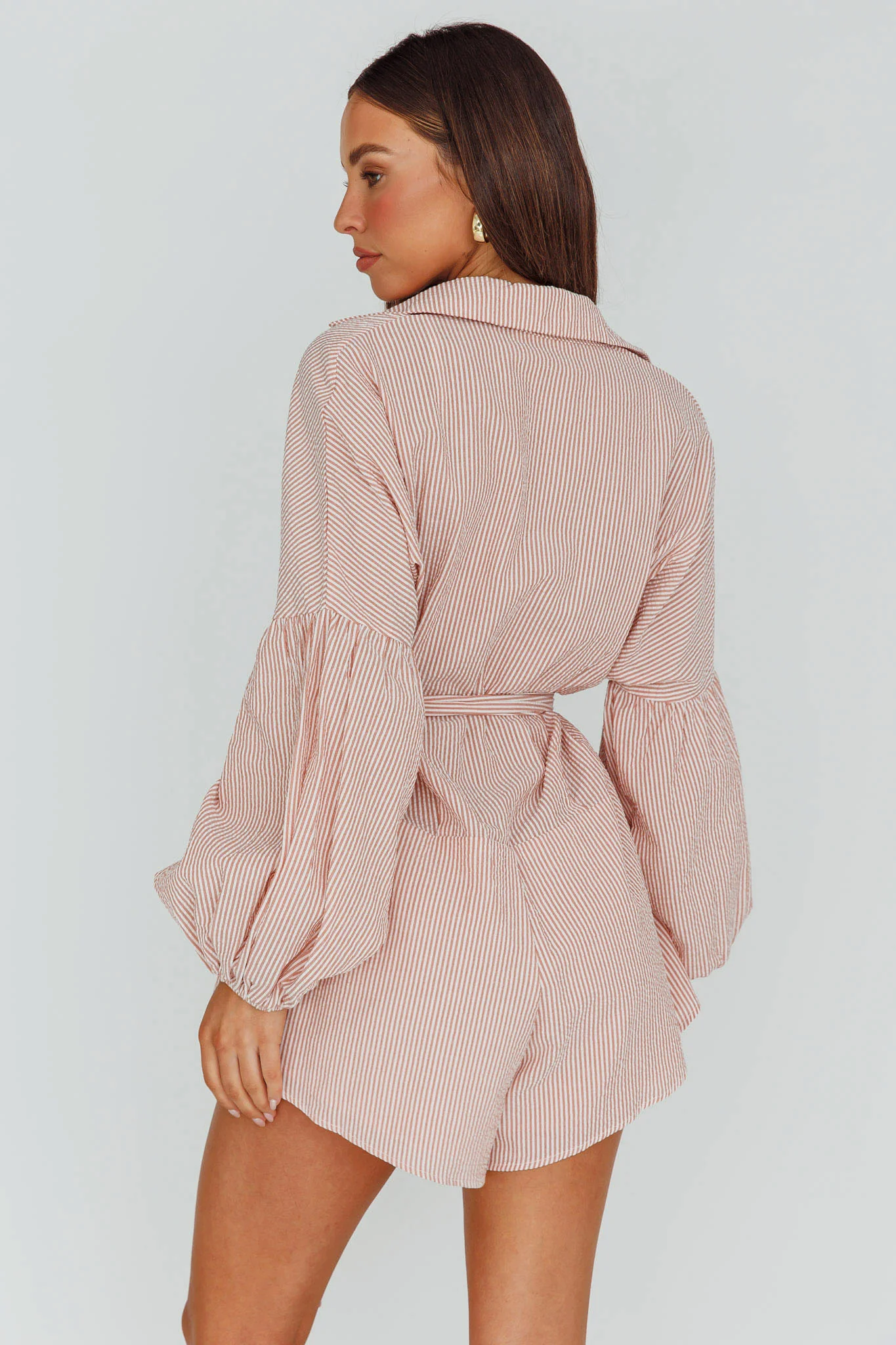 Daytona Beach Long Sleeve Shirt Romper Terracotta Stripe - Sonourner