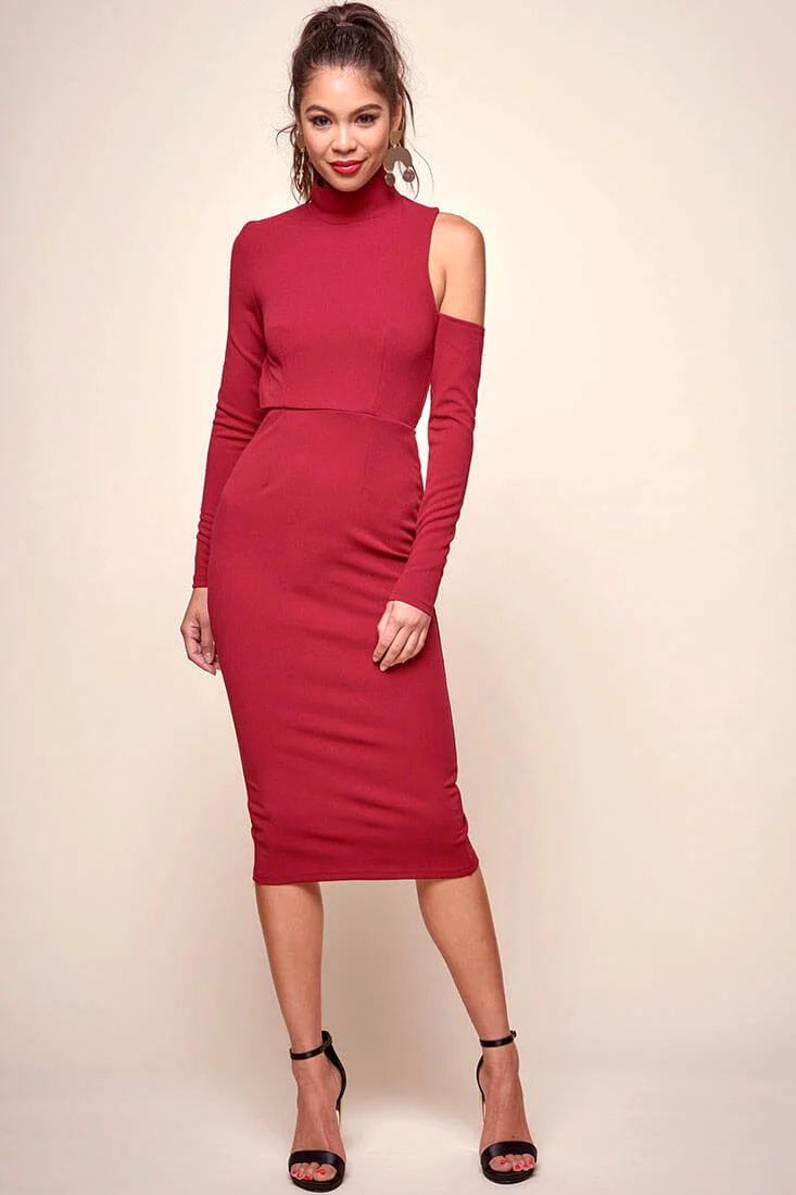 Sofie Asymmetrical cutout Turtle Neck Dress Red - Sonourner