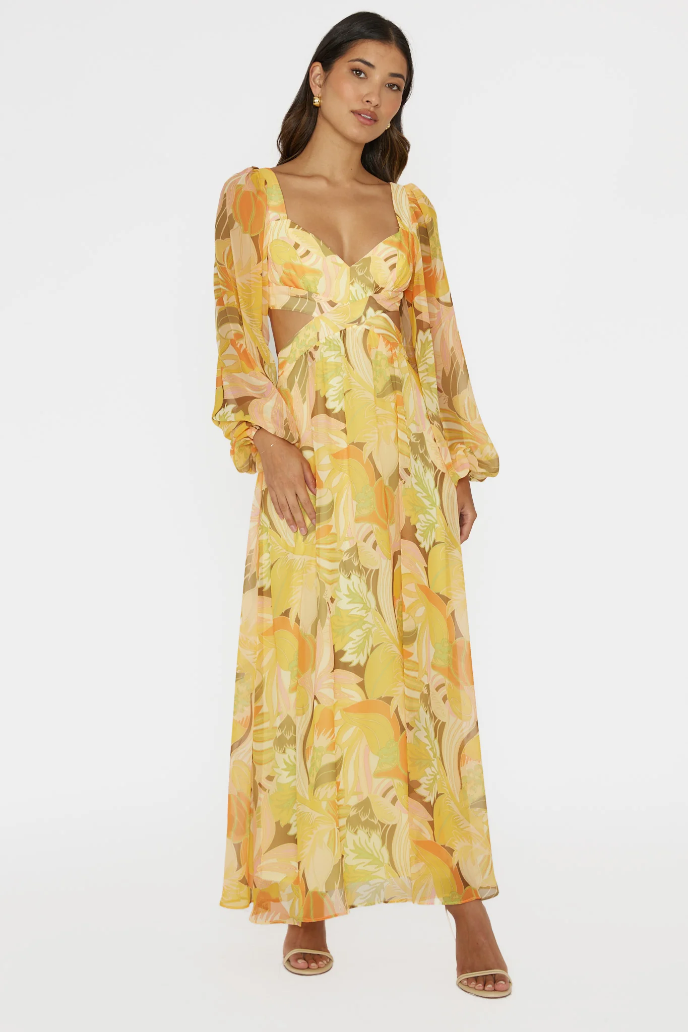 Maura Long Sleeve Lace-Up Back Dress Floral Yellow - Sonourner