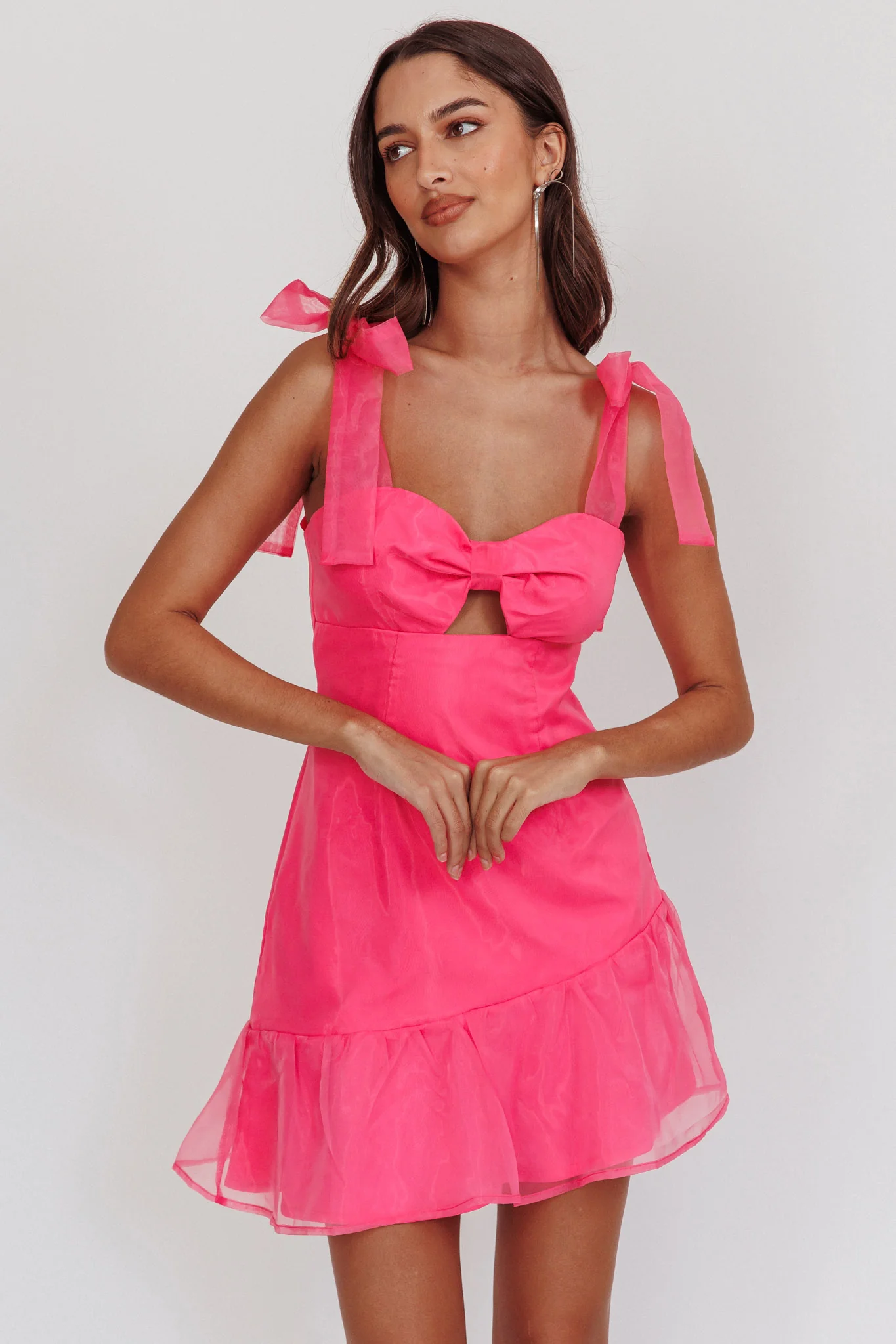 Alexia Bow Shoulder Ruffle Hem Mini Dress Hot Pink - Sonourner