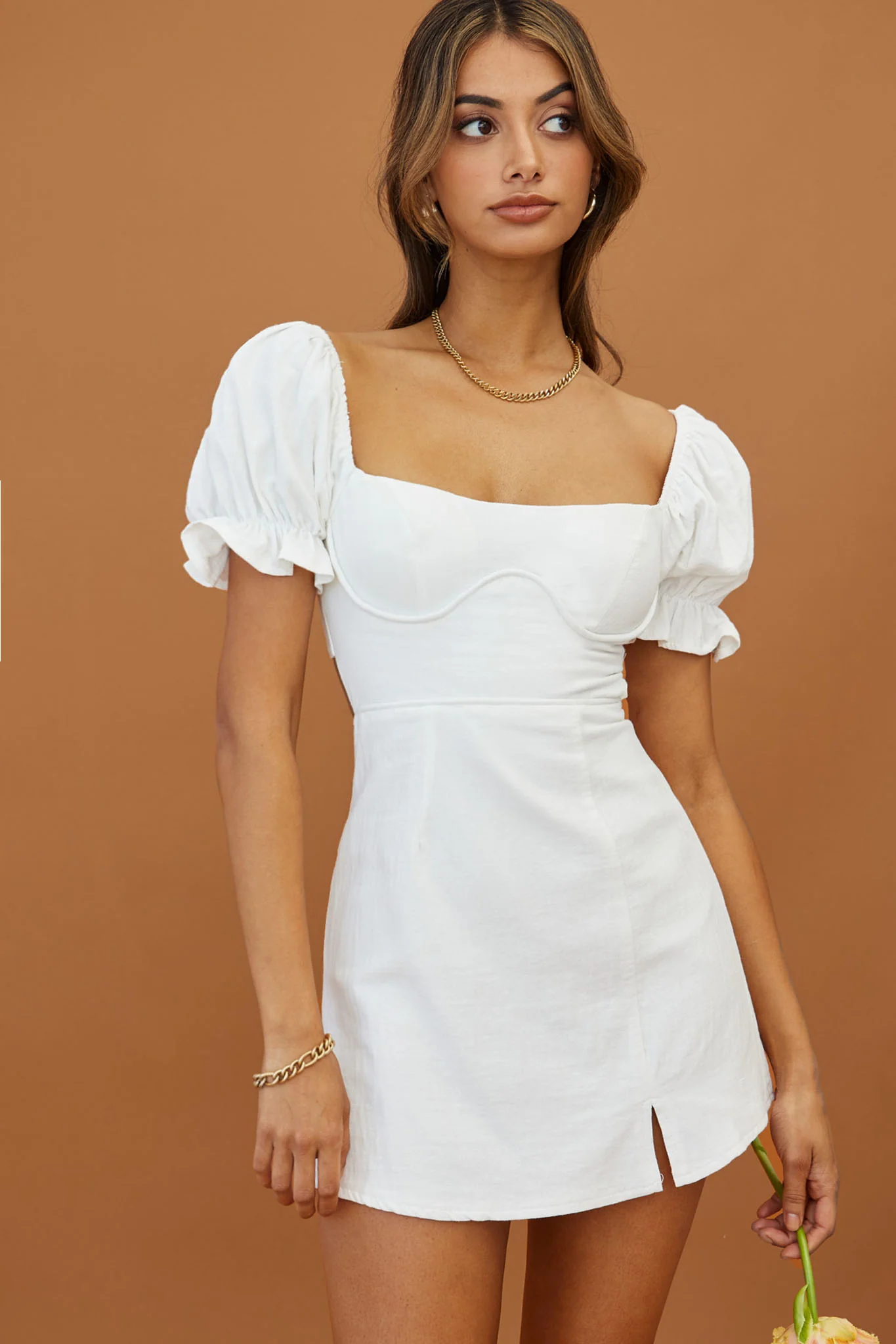 Norma Jean Puff Sleeve Piping Trim Mini Dress White - Sonourner