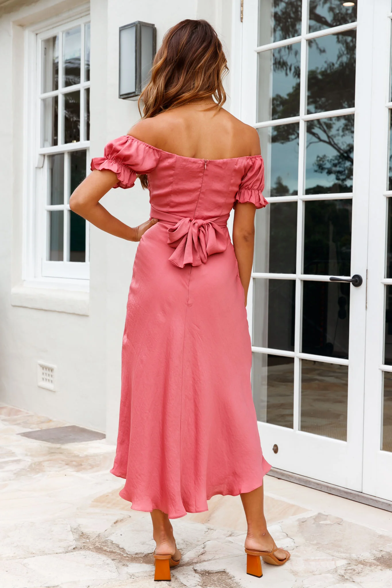 Linka Off-Shoulder Tie Back Midi Dress Rose - Sonourner