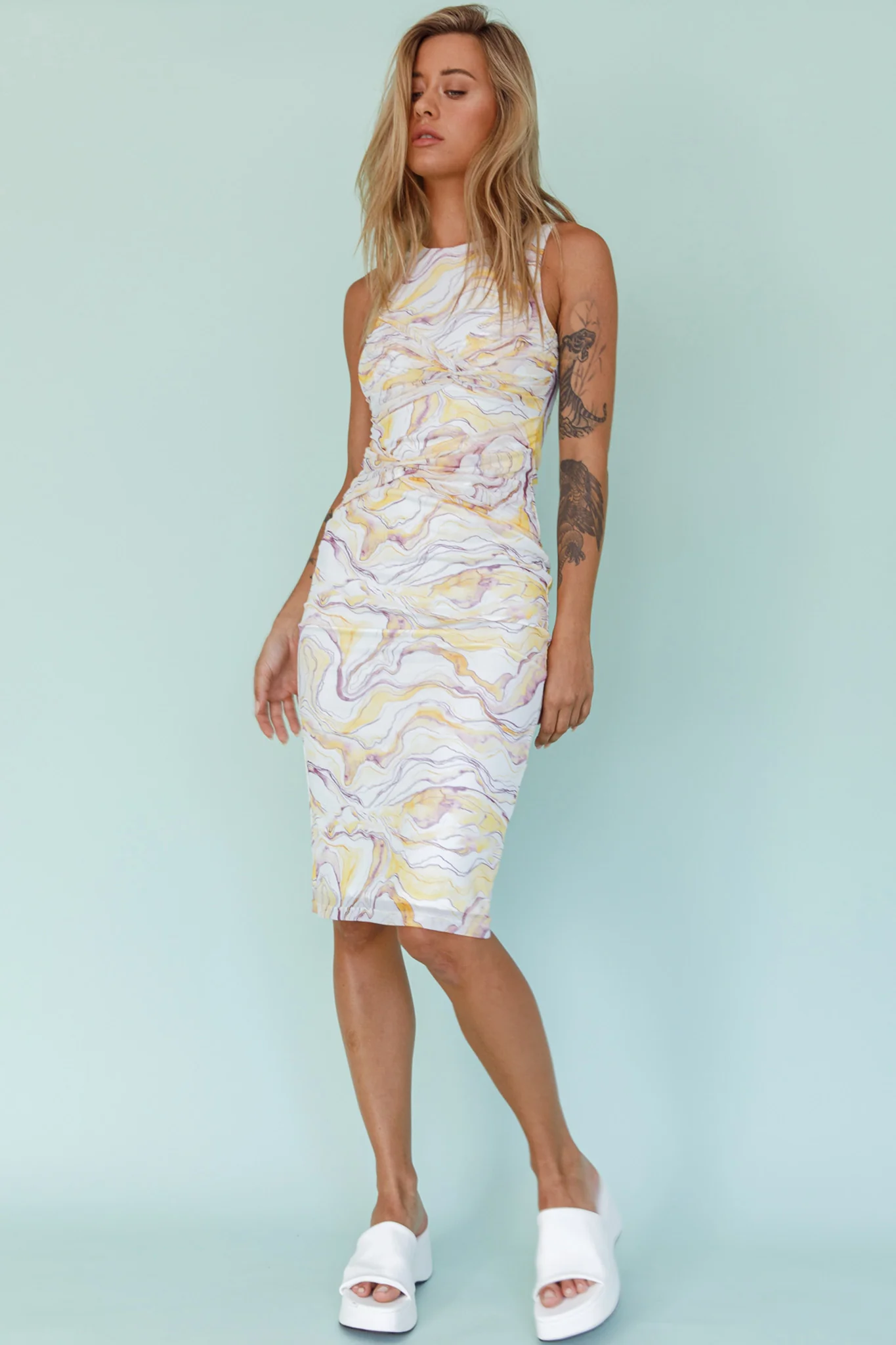 Sarafina Twist Accent Mesh Midi Dress Marble Yellow - Sonourner