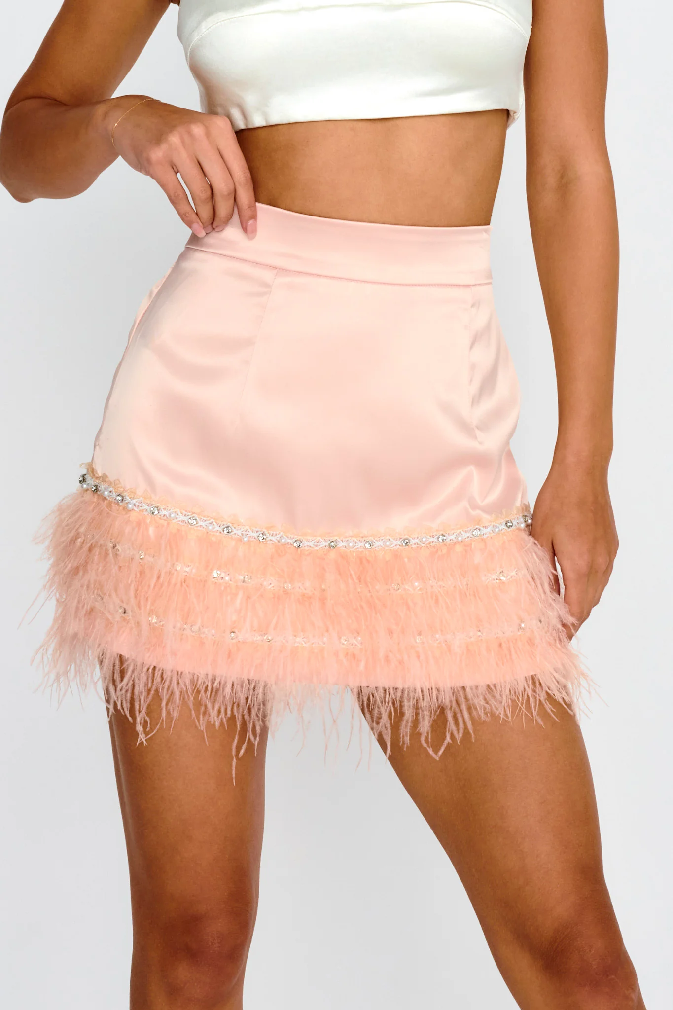 Sashay Feather Trim Mini Skirt Pink - Sonourner