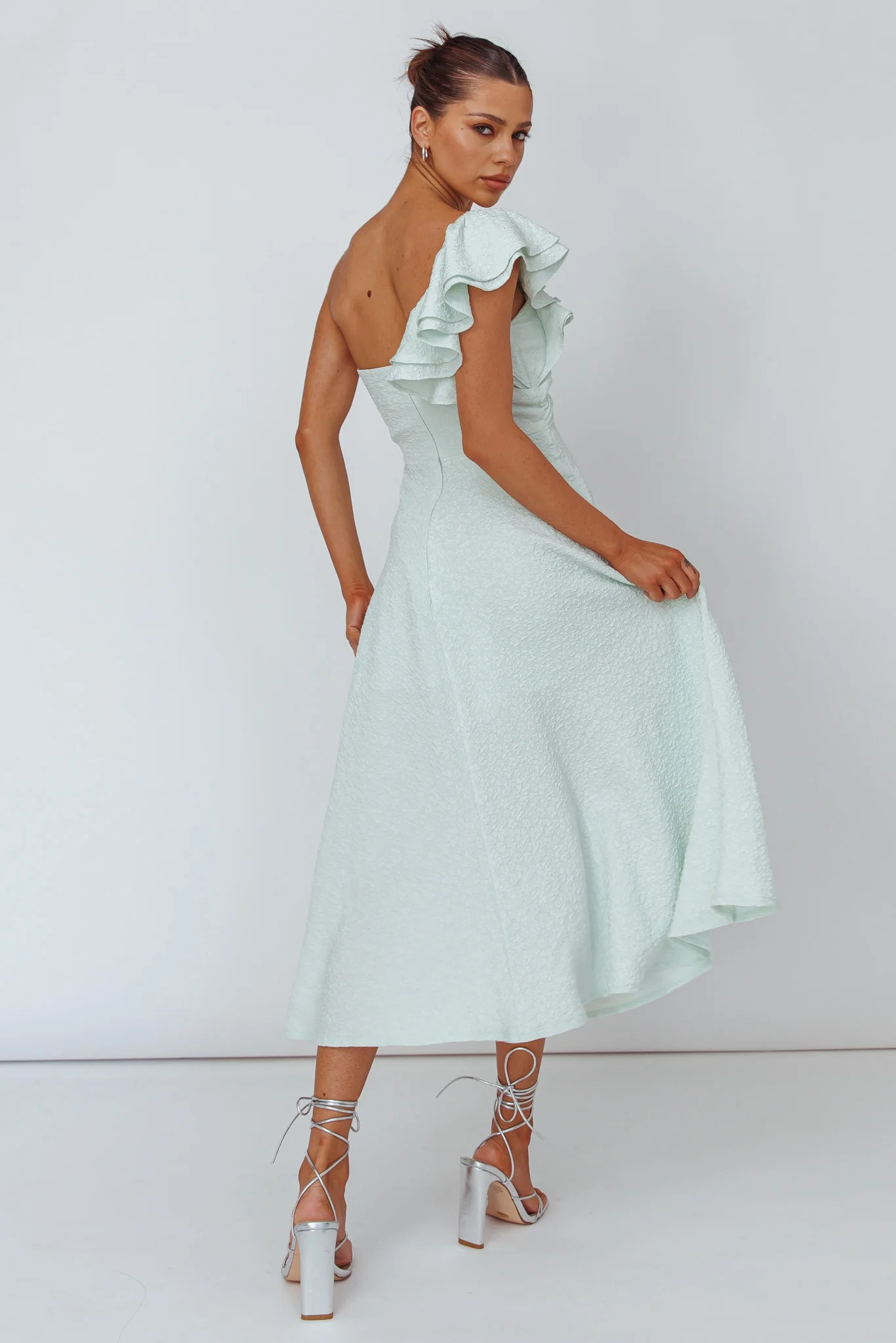 Jolina Ruffle Shoulder Midi Dress Mint - Sonourner