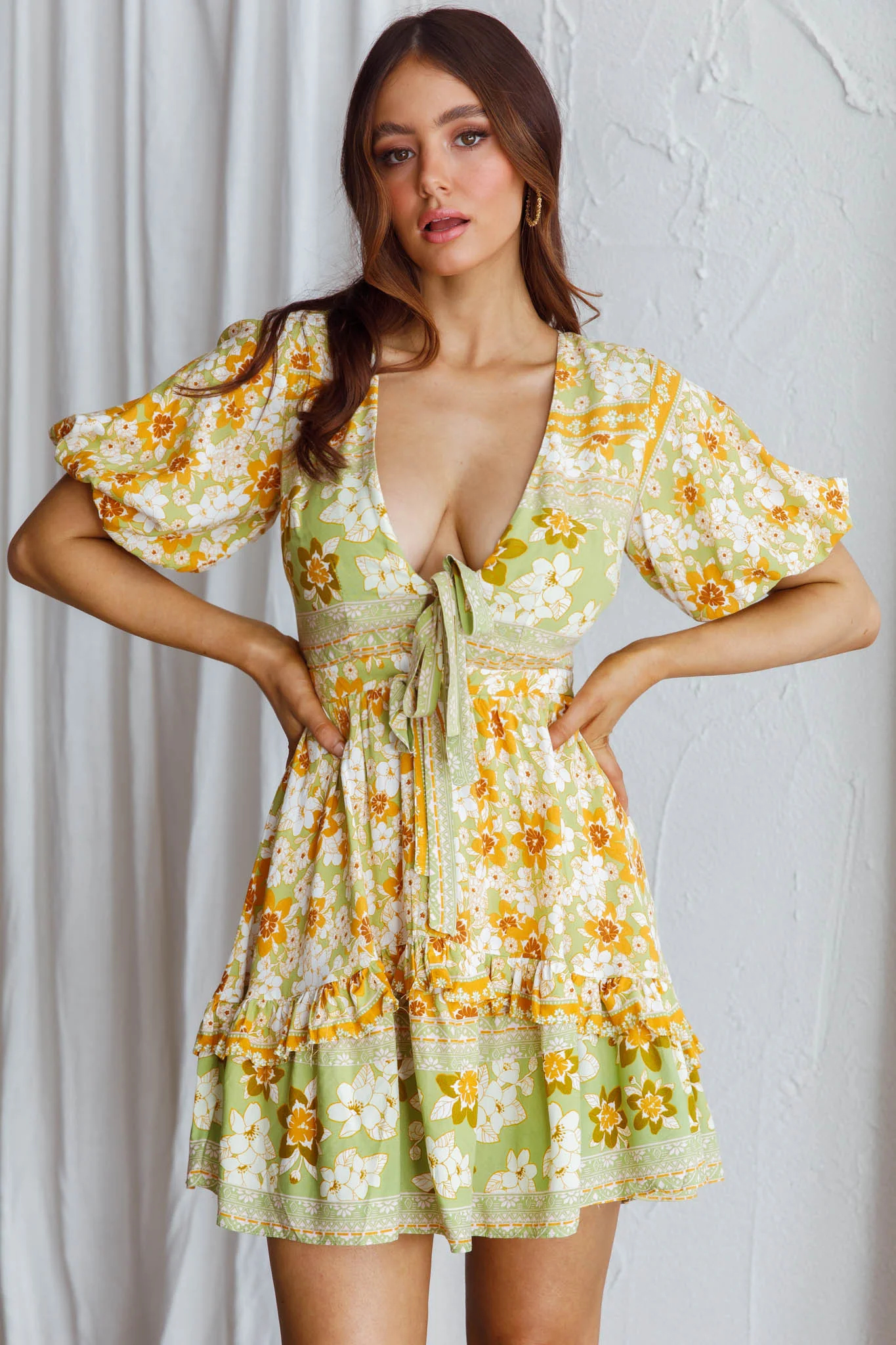 Rosy Tied Bust Mini Dress Floral Apple/Yellow - Sonourner