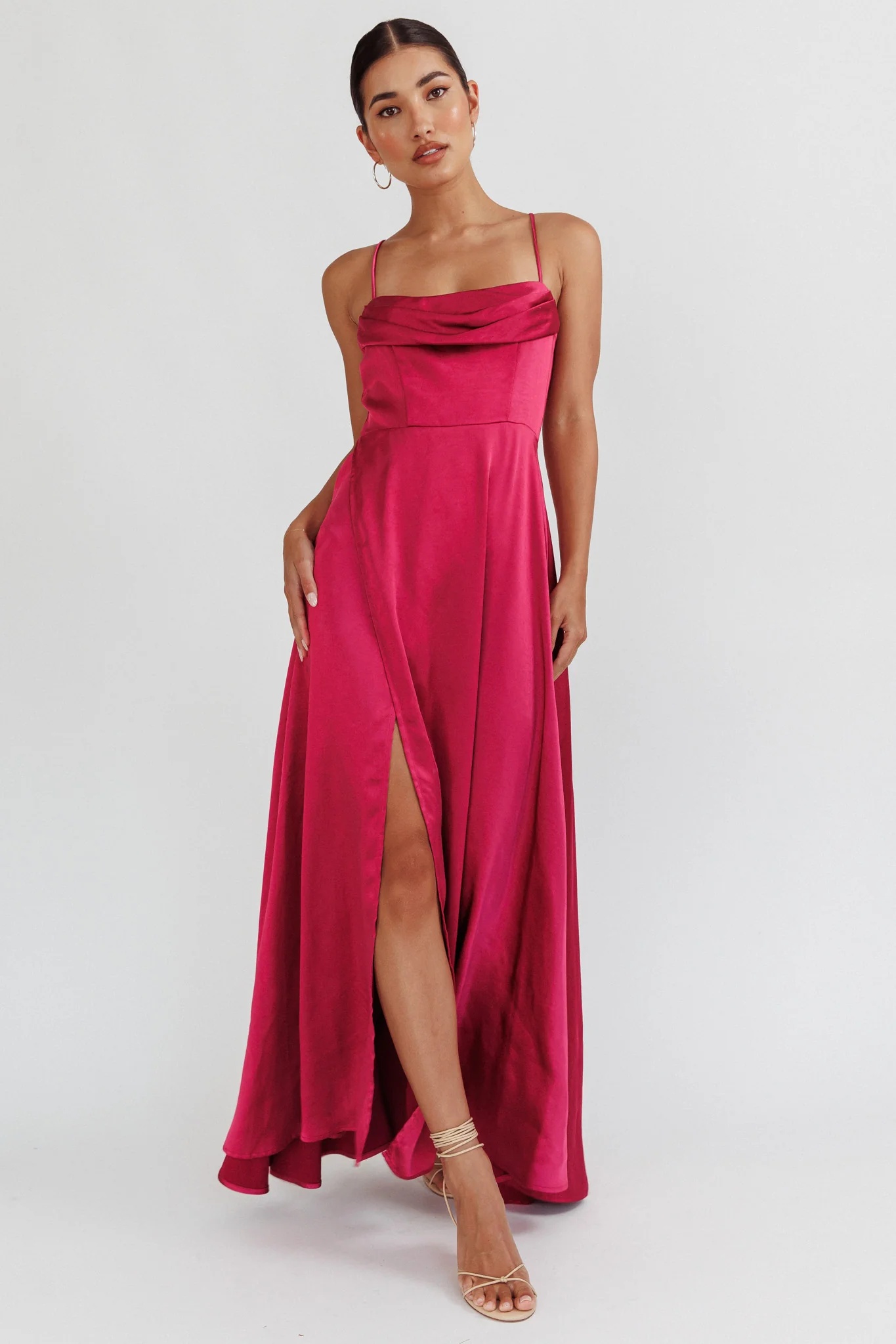 Inner Light Gathered Bust Split Maxi Dress Wine - Sonourner