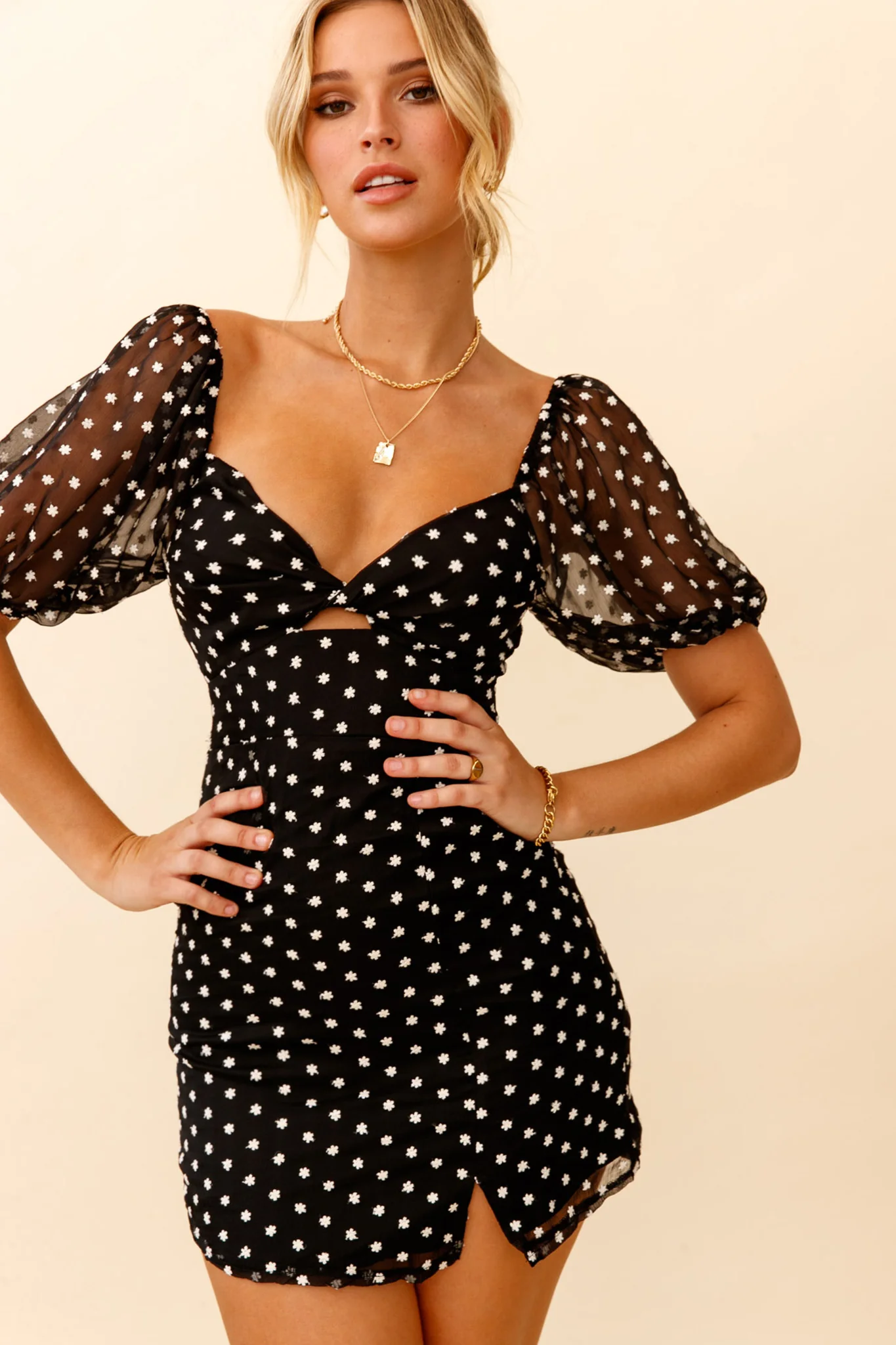 Molli Sheer Puff Sleeve Twist Feature Dress Black - Sonourner