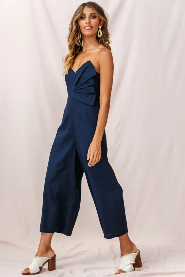 Call Me Wide-Leg Linen Bandeau Jumpsuit Navy - Sonourner